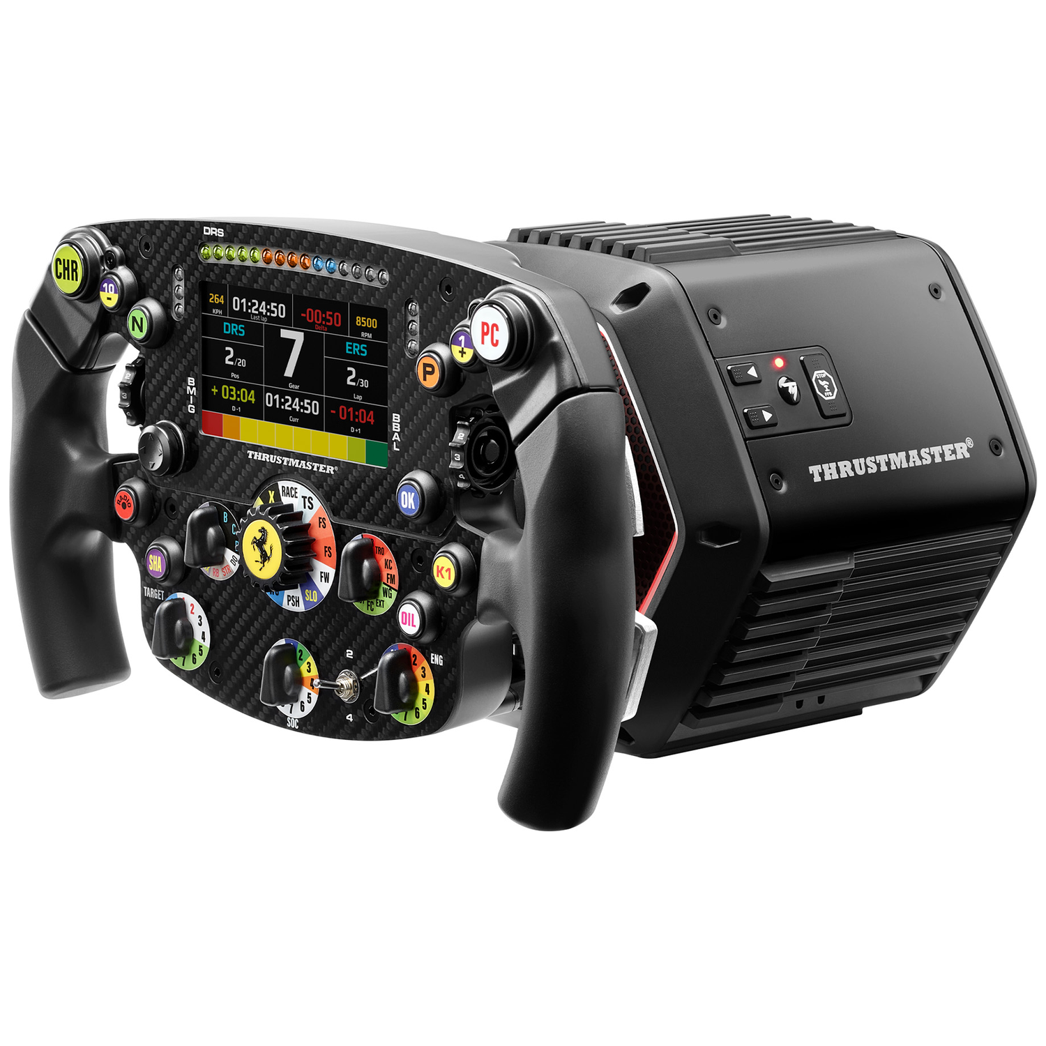 Een zwart racestuur met een digitaal display en vele knoppen.