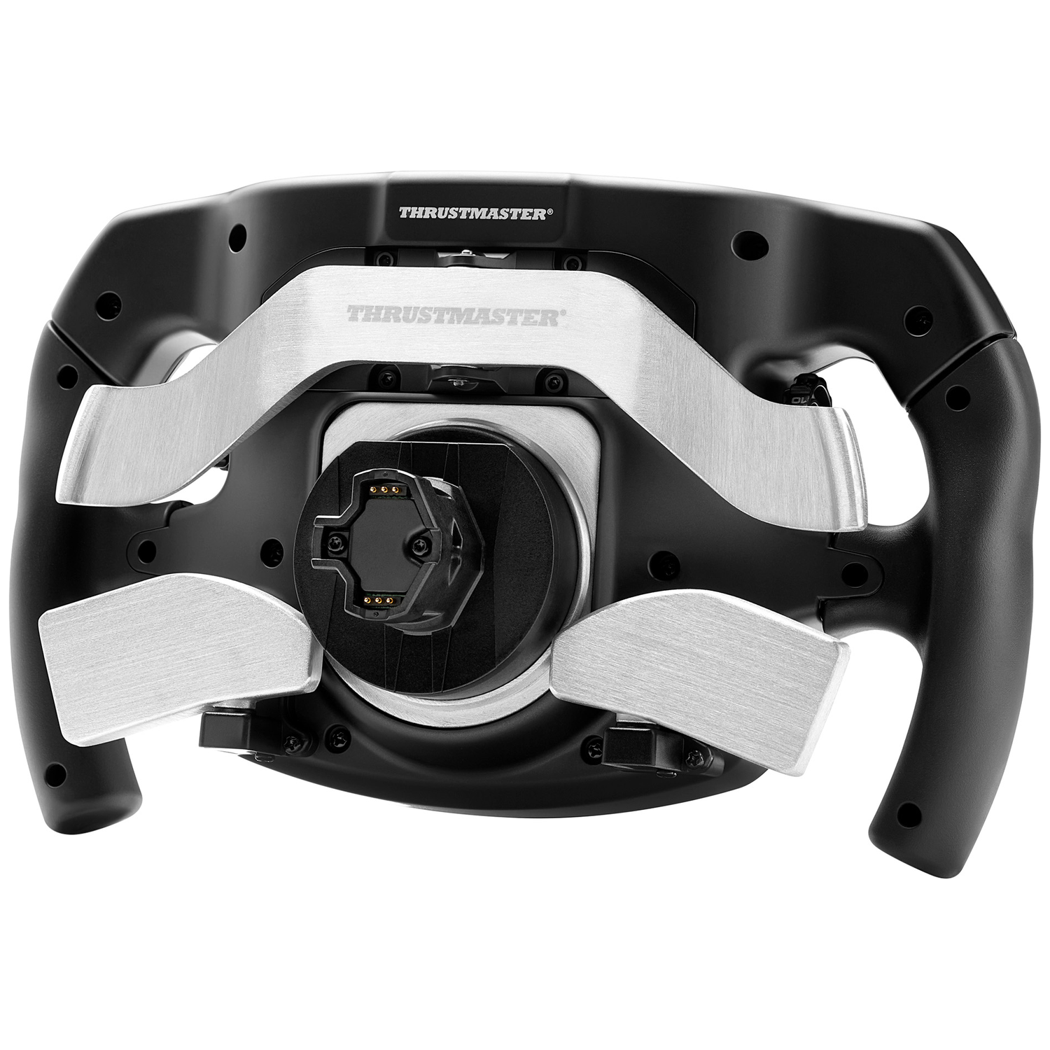 Zwart race stuur met zilveren accenten en Thrustmaster logo.