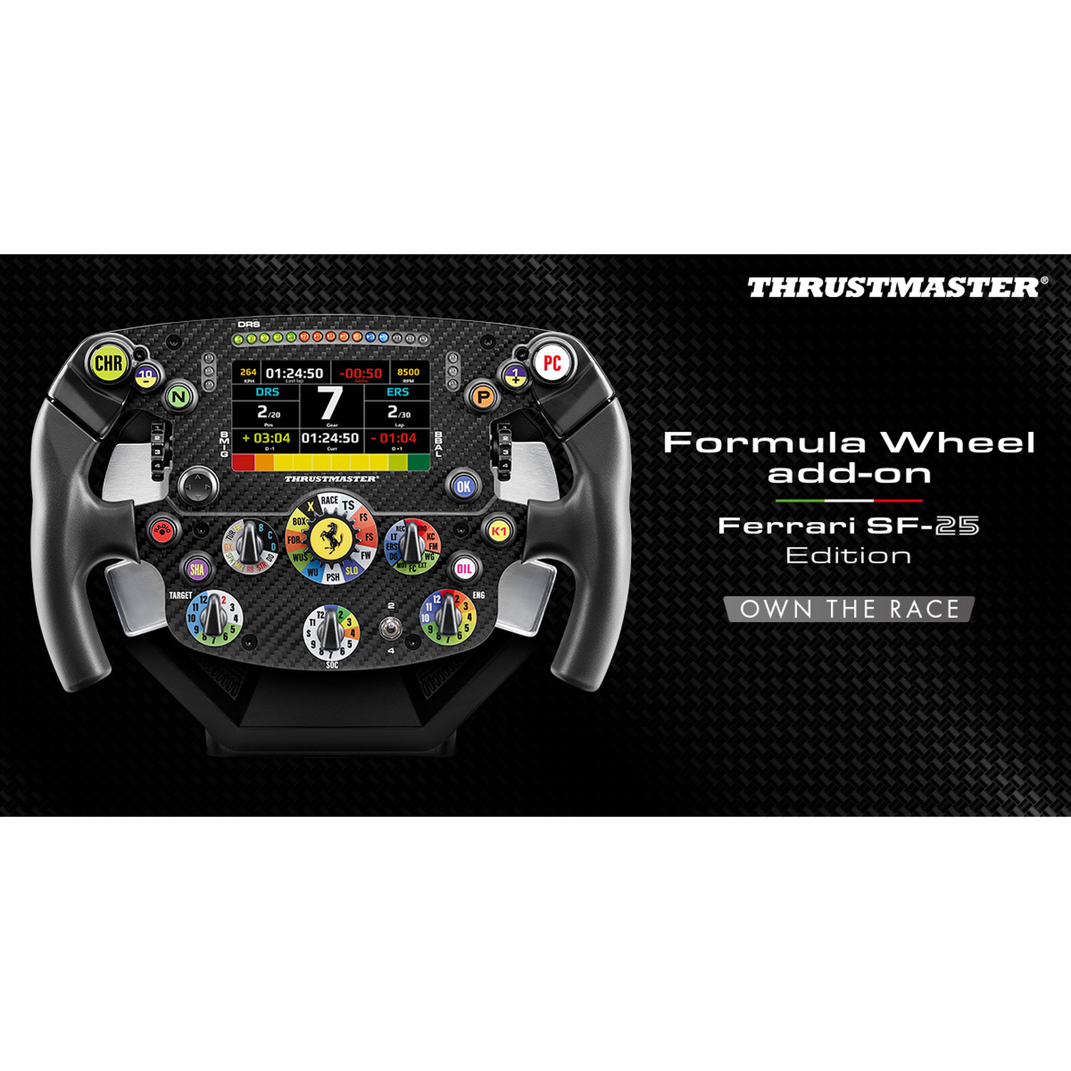 Een zwart racestuur met LCD-scherm en veel knoppen. Tekst: Thrustmaster.
