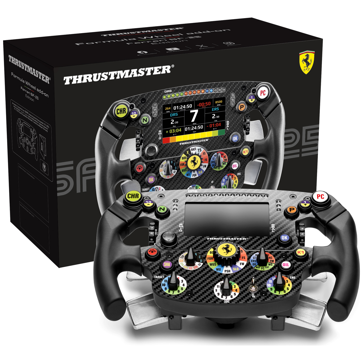 Thrustmaster race stuur en doos, Ferrari SF-25 Edition. Gedetailleerd met knoppen en scherm.