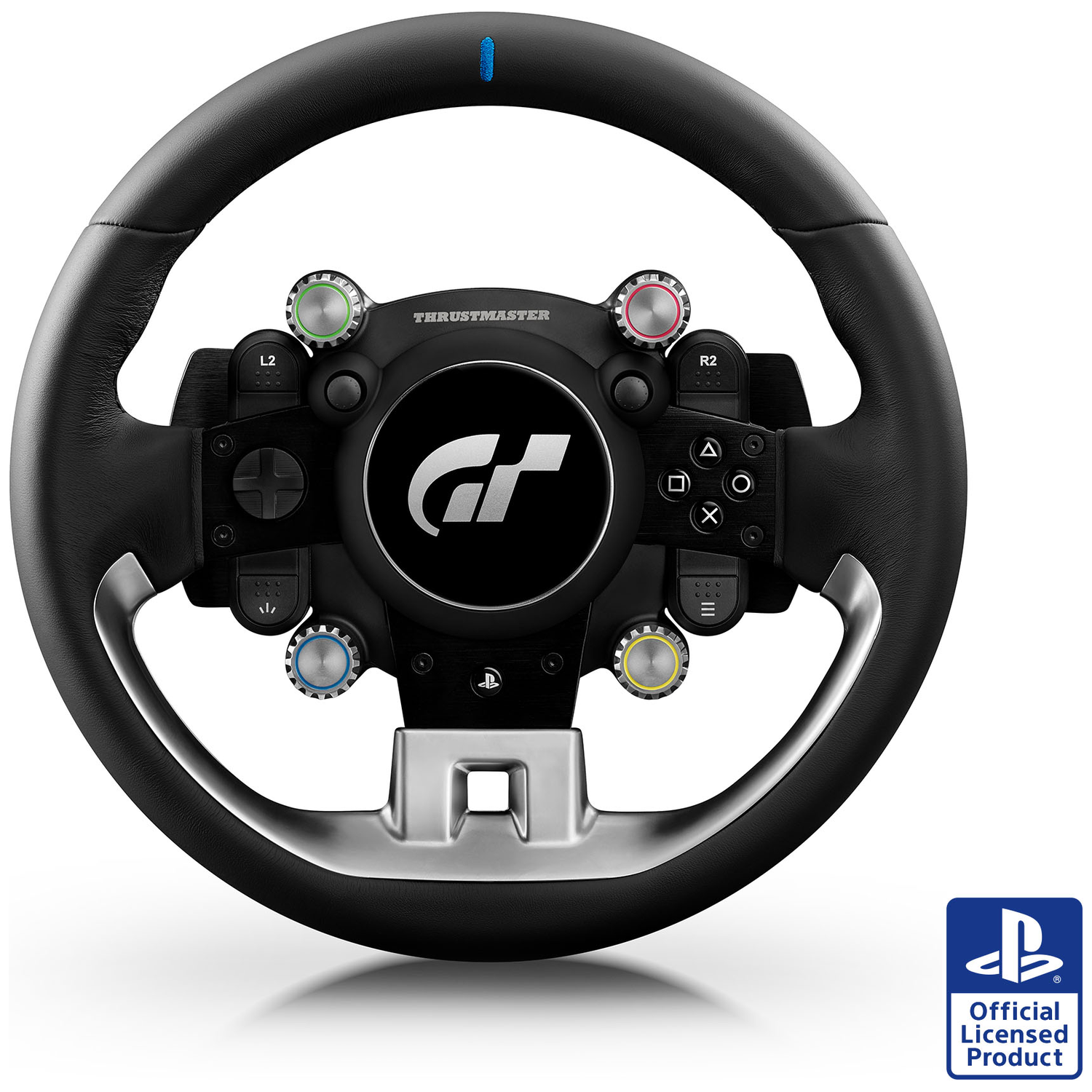 Zwart stuurwiel met zilveren accenten en vele knoppen. Officieel PlayStation-product.