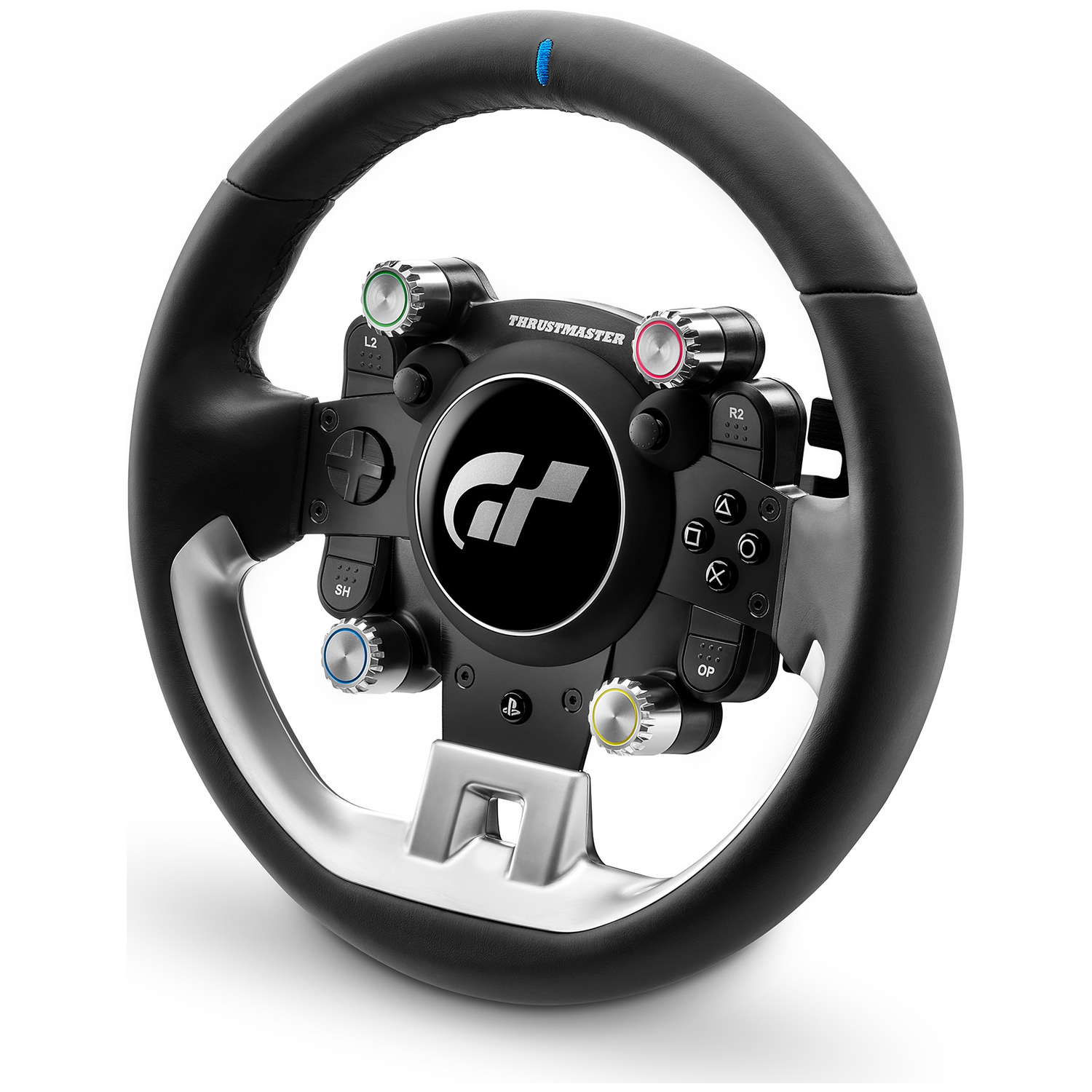 Een zwart stuurwiel met zilveren accenten en knoppen, voor videogames.