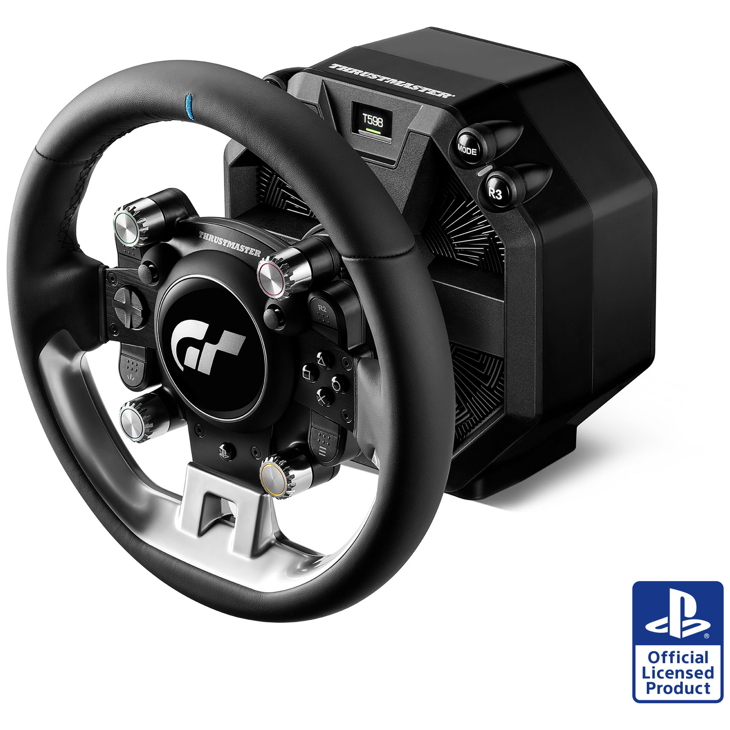 Zwart racestuur met zilveren accenten en Playstation-logo.