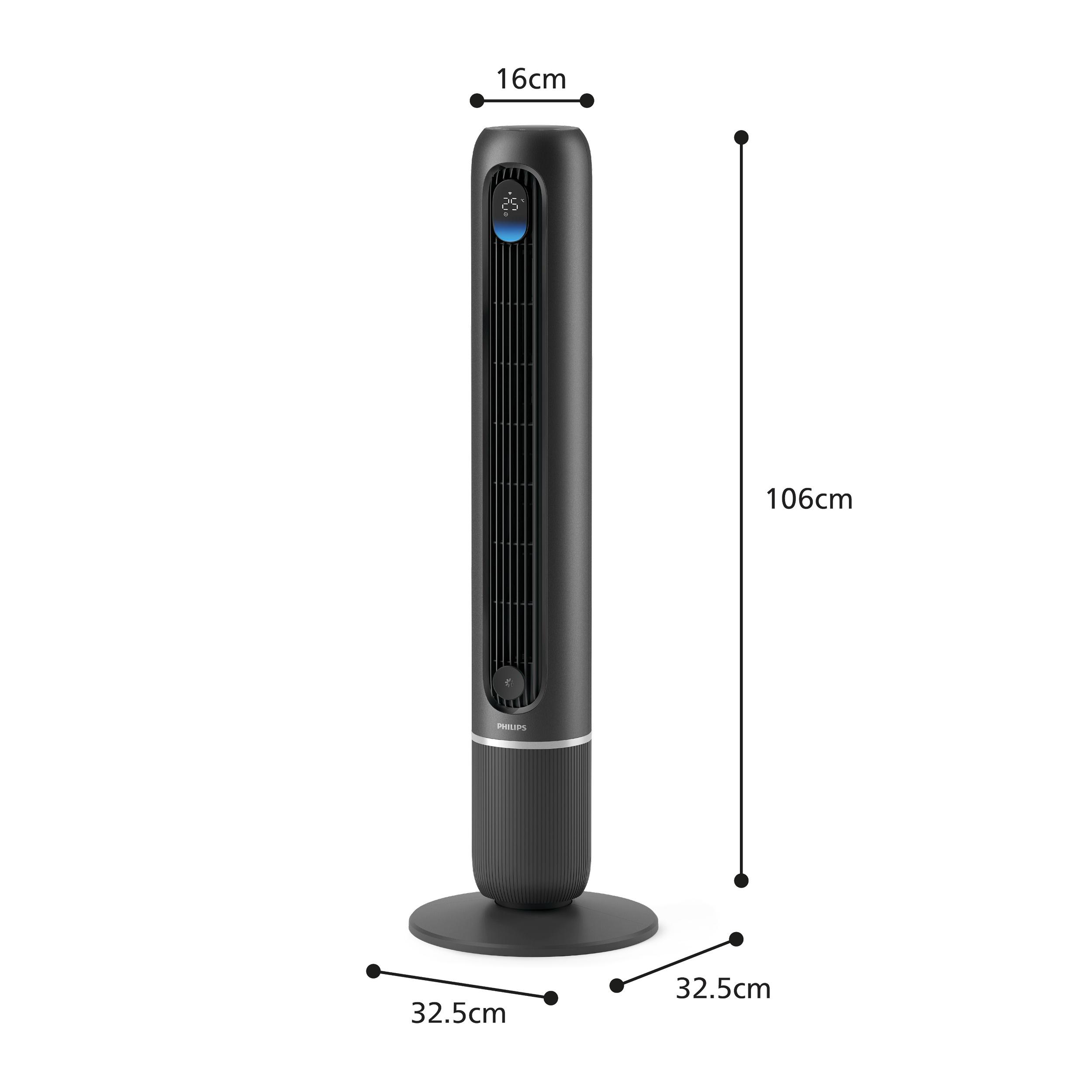 Schwarzer Turmventilator mit Digitalanzeige, 106cm hoch, 16cm breit.