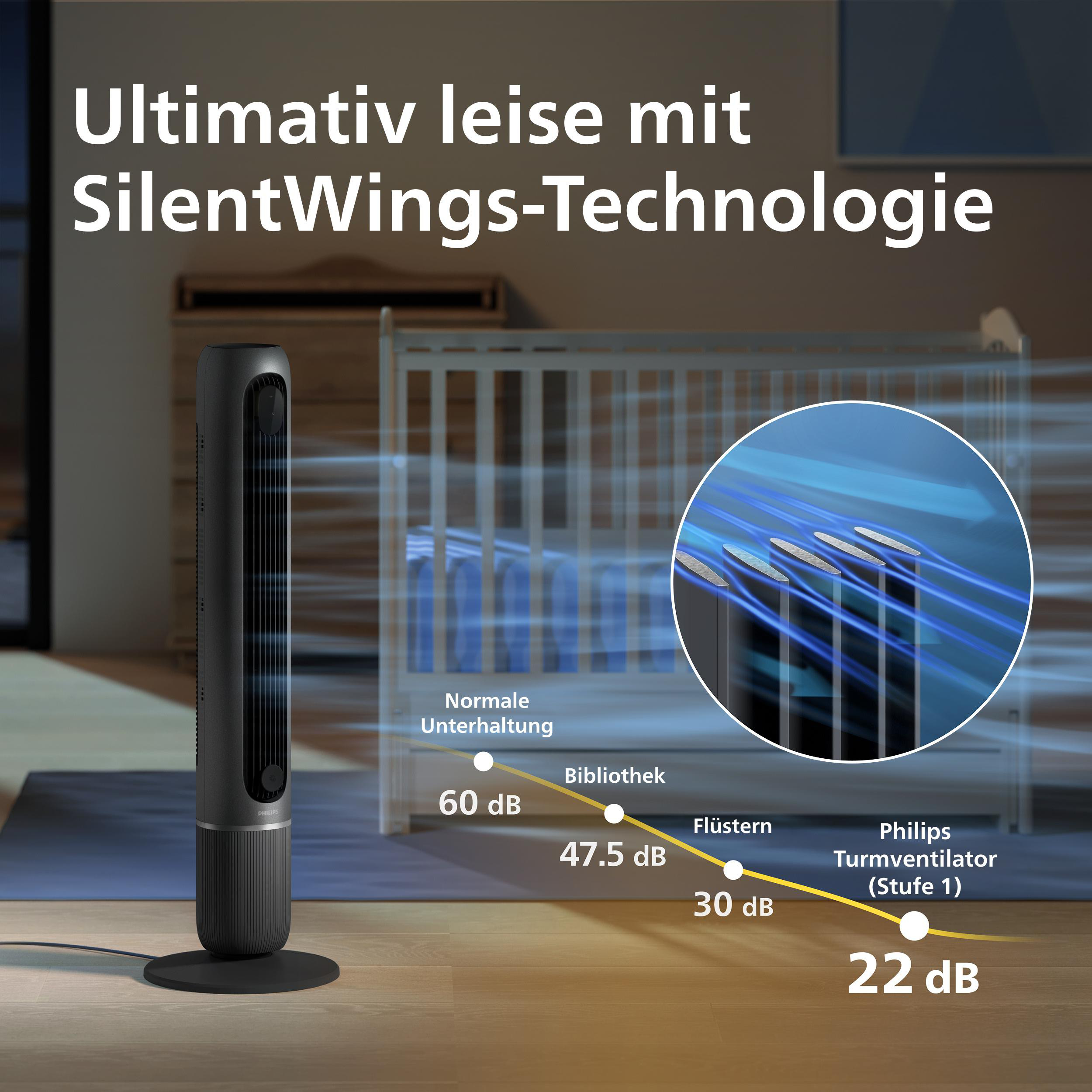 Schwarzer Turmventilator neben einem Kinderbett, leise mit 22 dB.