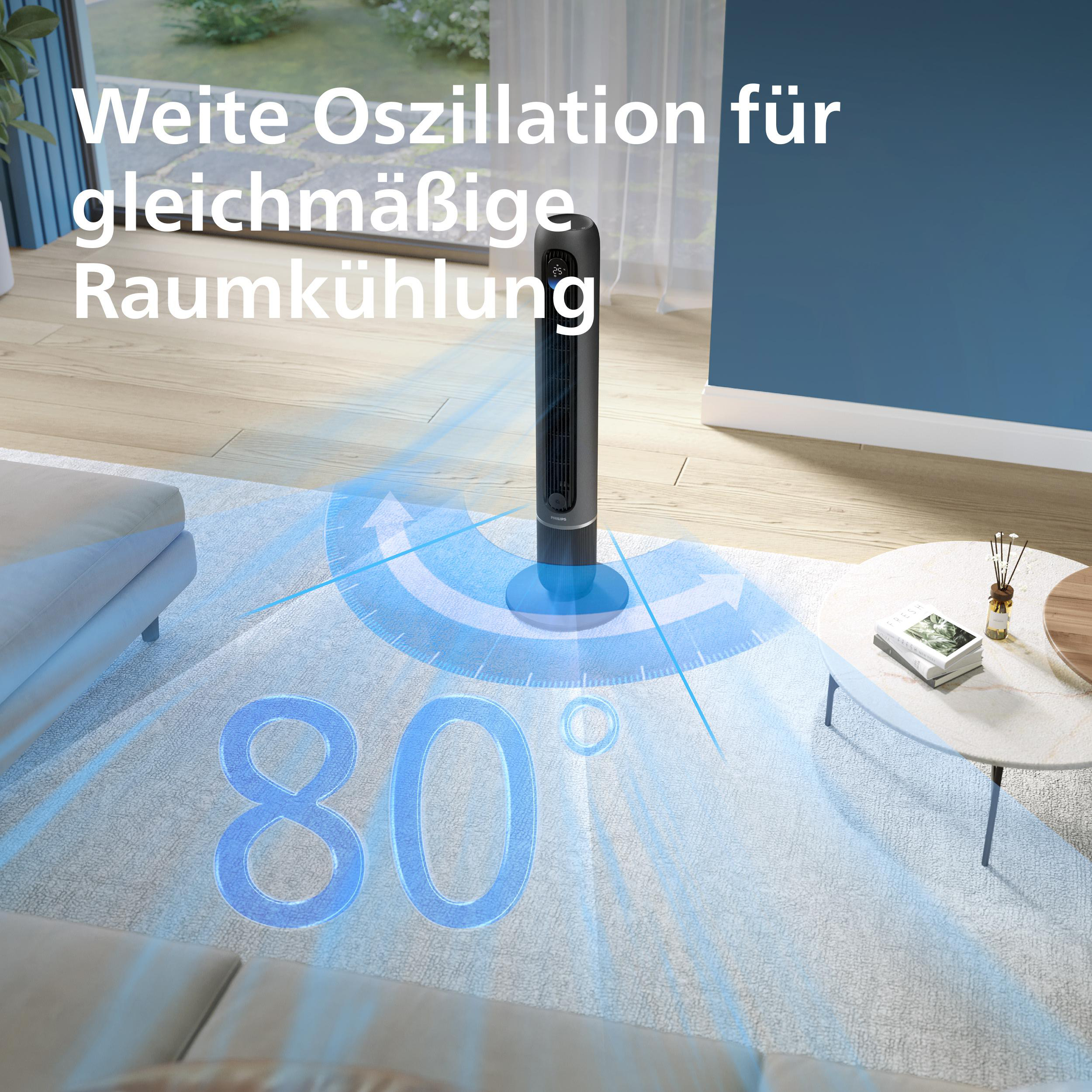 Ein schlanker Turmventilator oszilliert 80 Grad für breite Raumkühlung.
