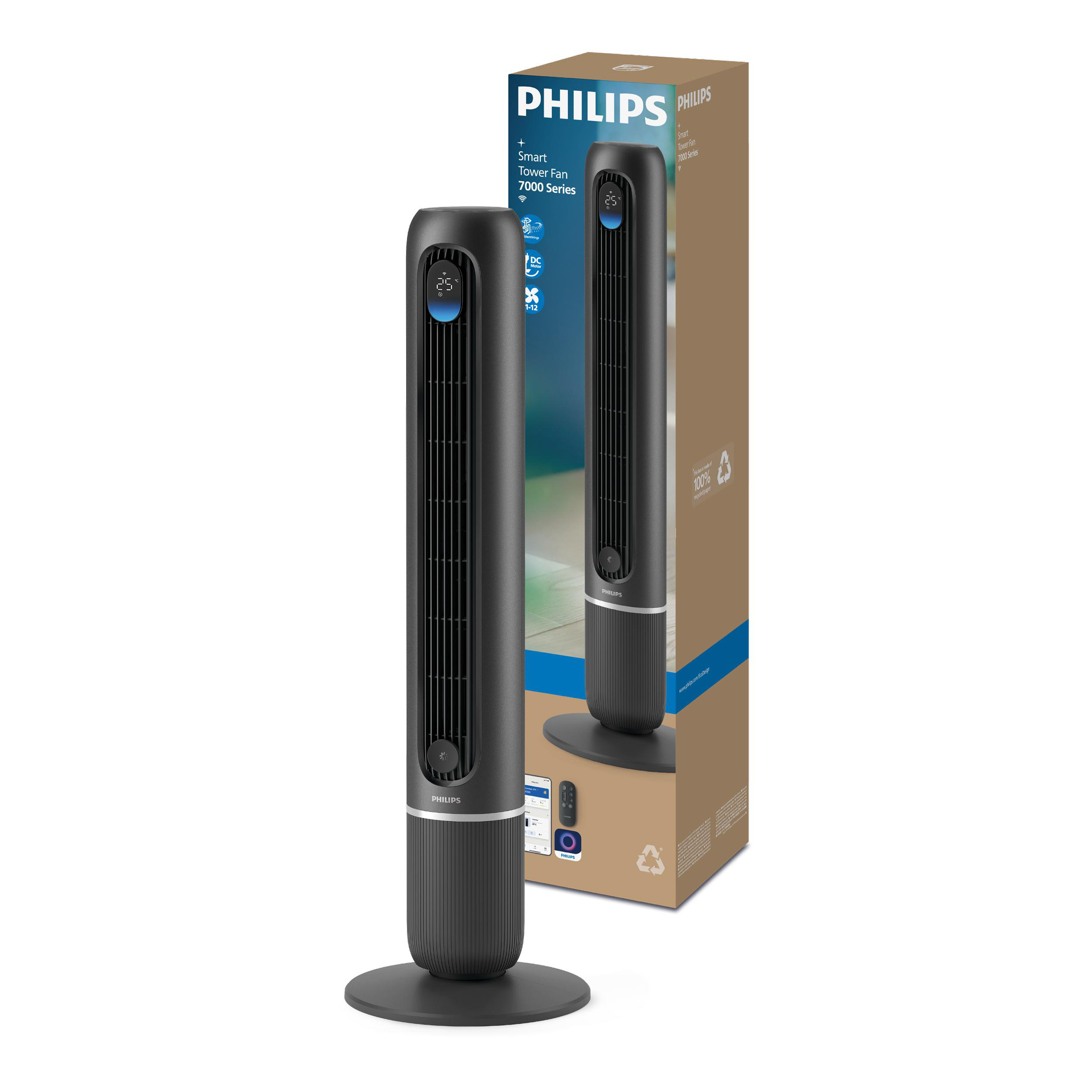 Schwarzer Turmventilator von Philips mit Fernbedienung und Verpackung.