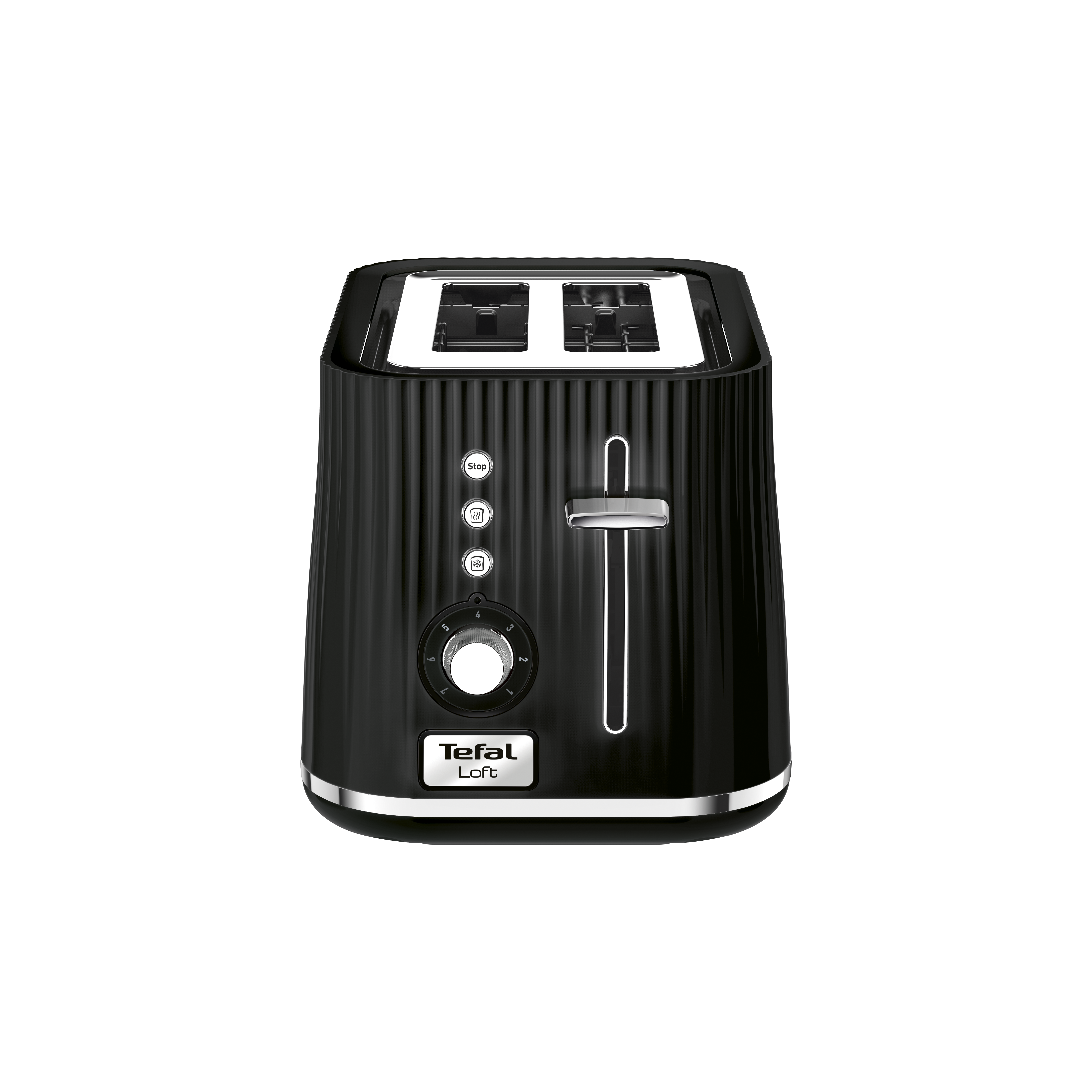 Fekete Tefal Loft kenyérpirító bordázott mintával és króm díszítéssel.