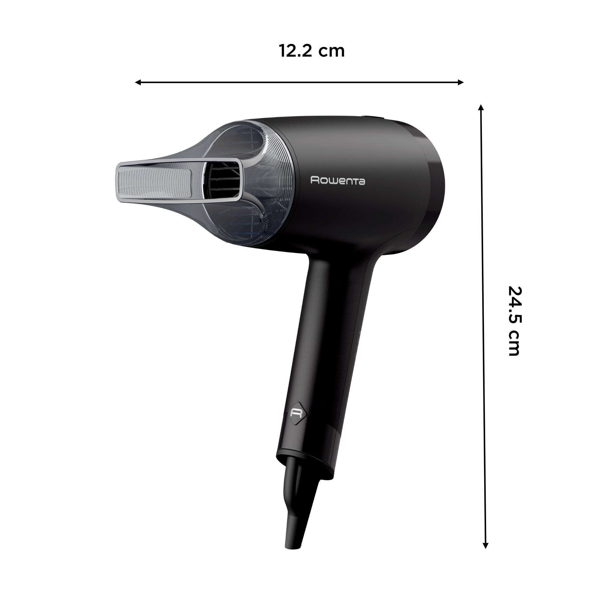 Egy fekete Rowenta hajszárító fúvókával, mérete 12,2 cm és 24,5 cm.