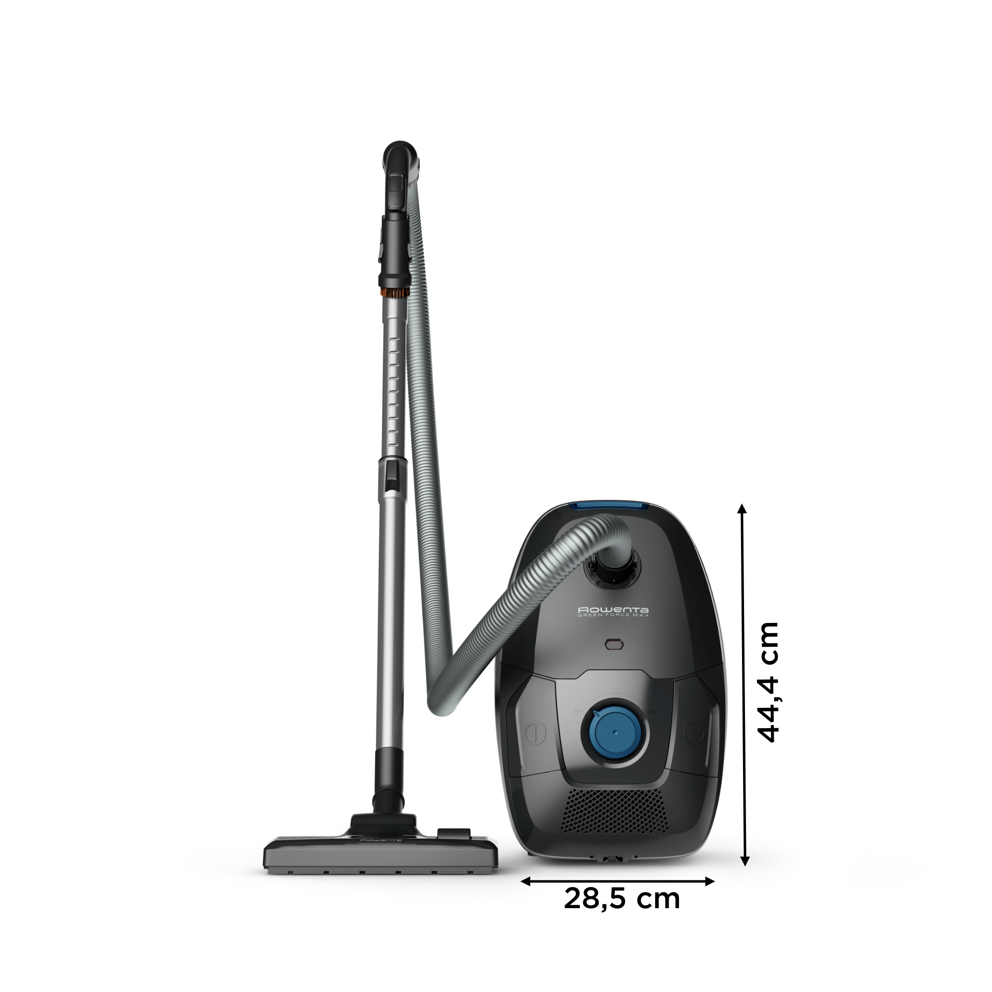 Fekete porszívó kék tárcsával és fémcsővel. Méretek: 44,4 cm M, 28,5 cm SZ.