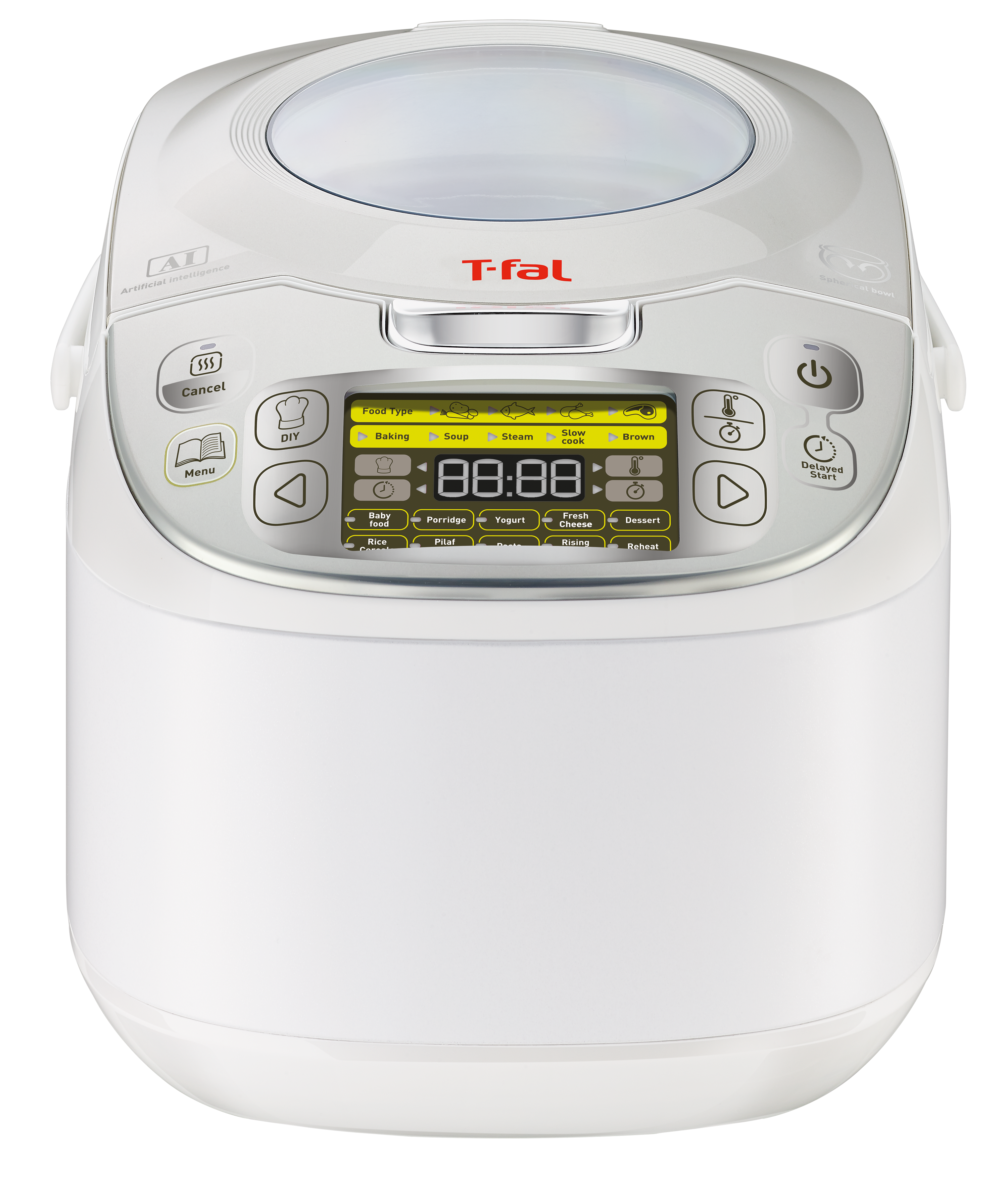 Egy fehér T-fal rizsfőző digitális kijelzővel, amely 