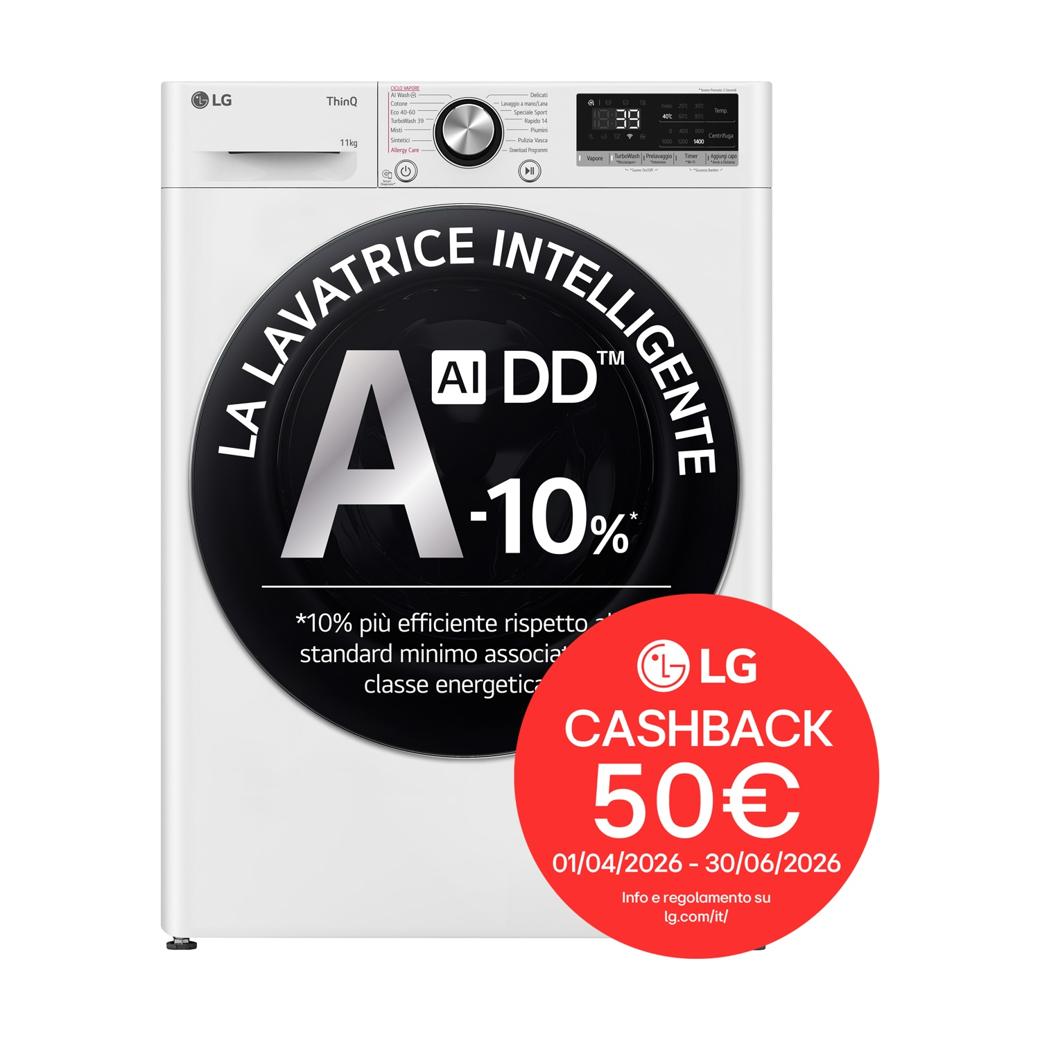 Lavatrice LG bianca con display nero e cerchio rosso con offerta cashback da 50€.