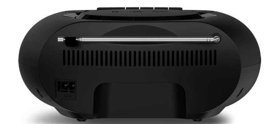 Schwarzer Boombox mit ausgefahrenem Radioantennen- und Netzanschluss.