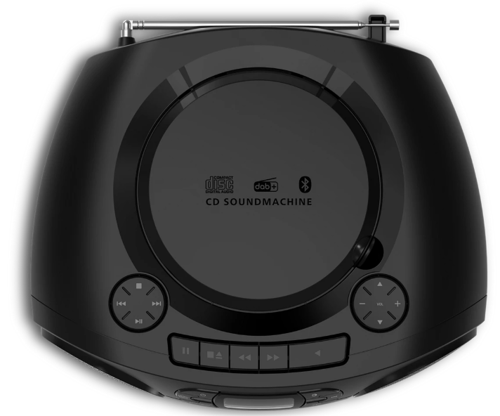 Schwarzer tragbarer CD-Player mit DAB+, Bluetooth und Radioantenne.