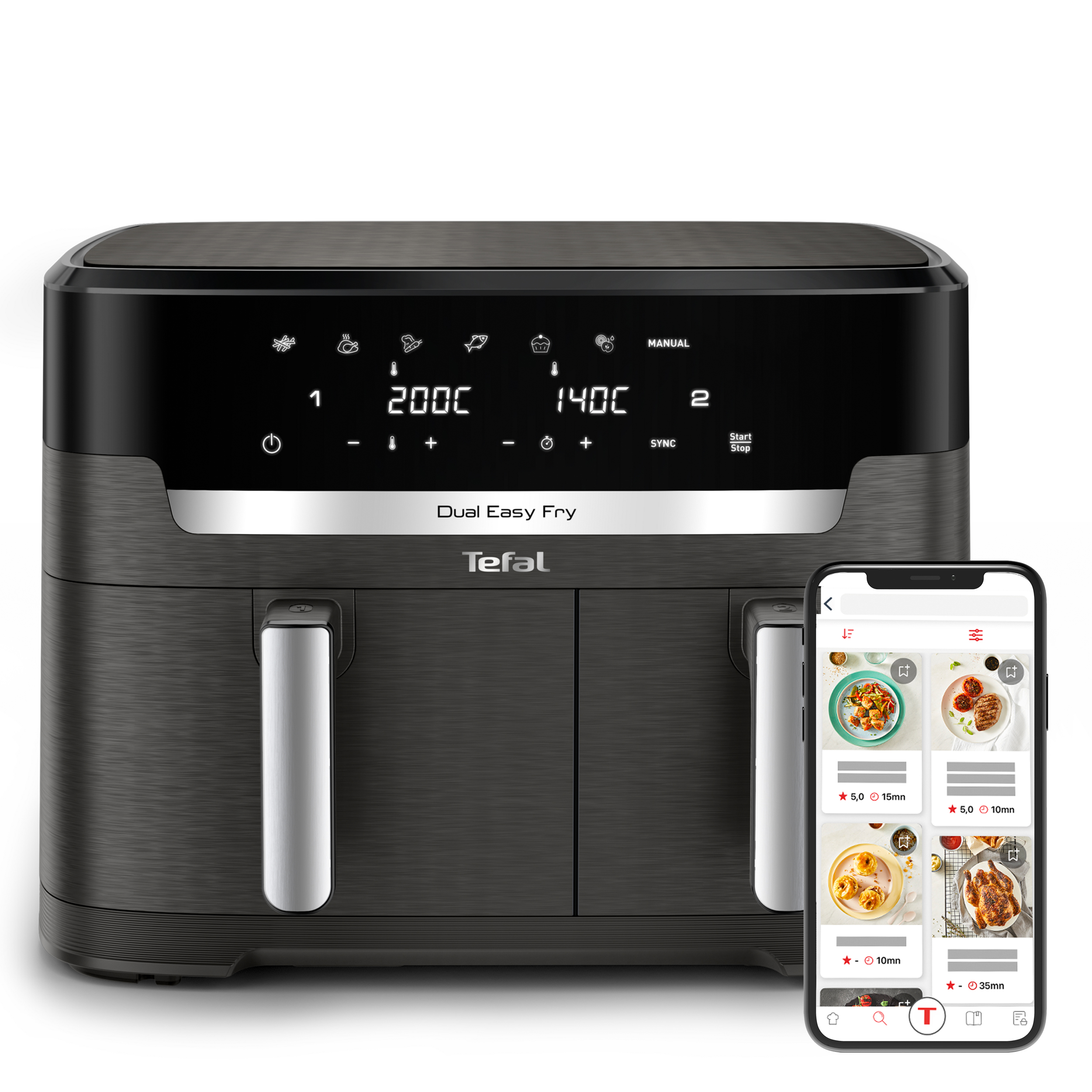 Tefal Dual Easy Fry légkeveréses fritő érintőképernyővel, mellette receptet mutató okostelefon.