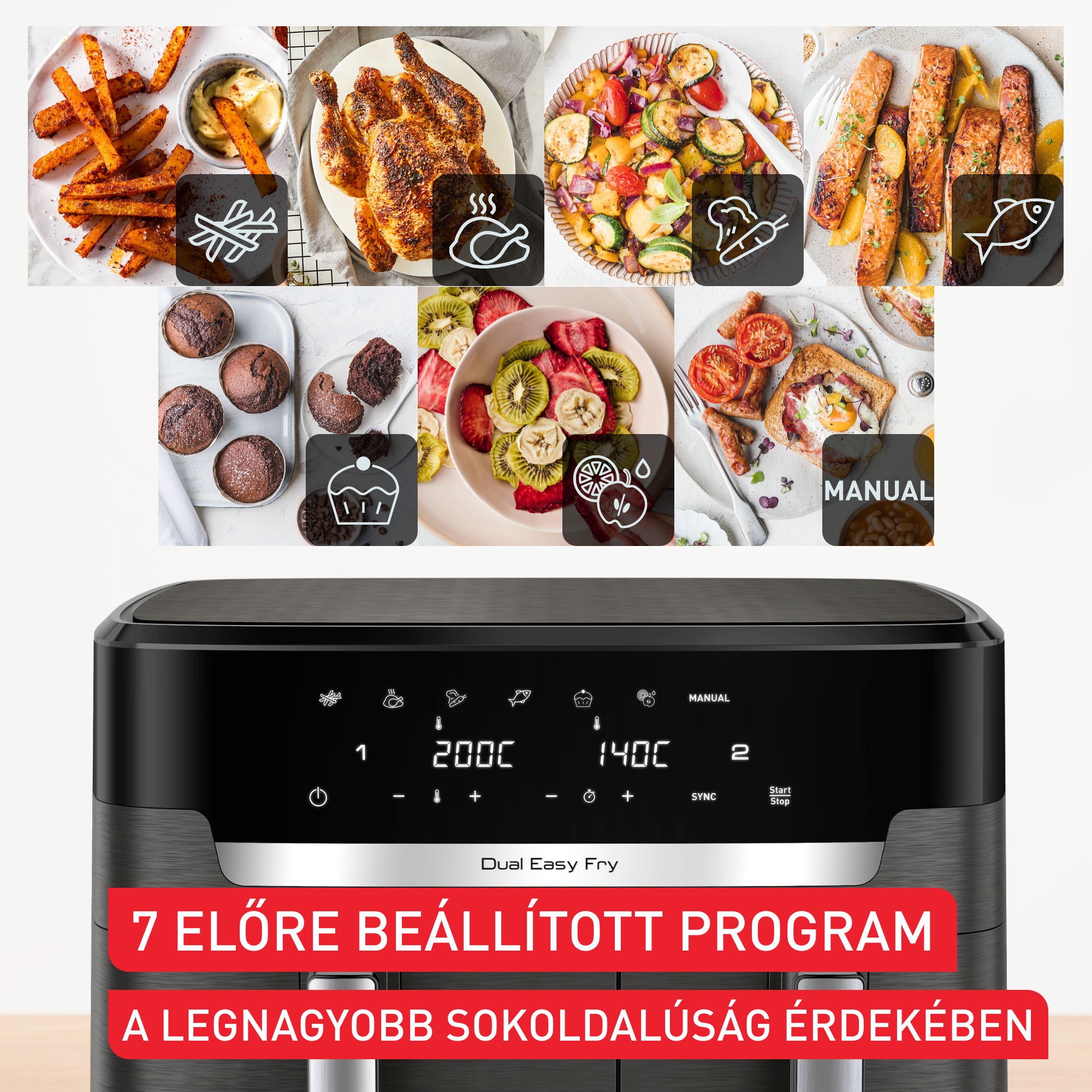 Légsütő különféle ételeket mutat: sült krumpli, sült csirke, zöldségek, lazac, muffin, gyümölcssaláta, reggeli.