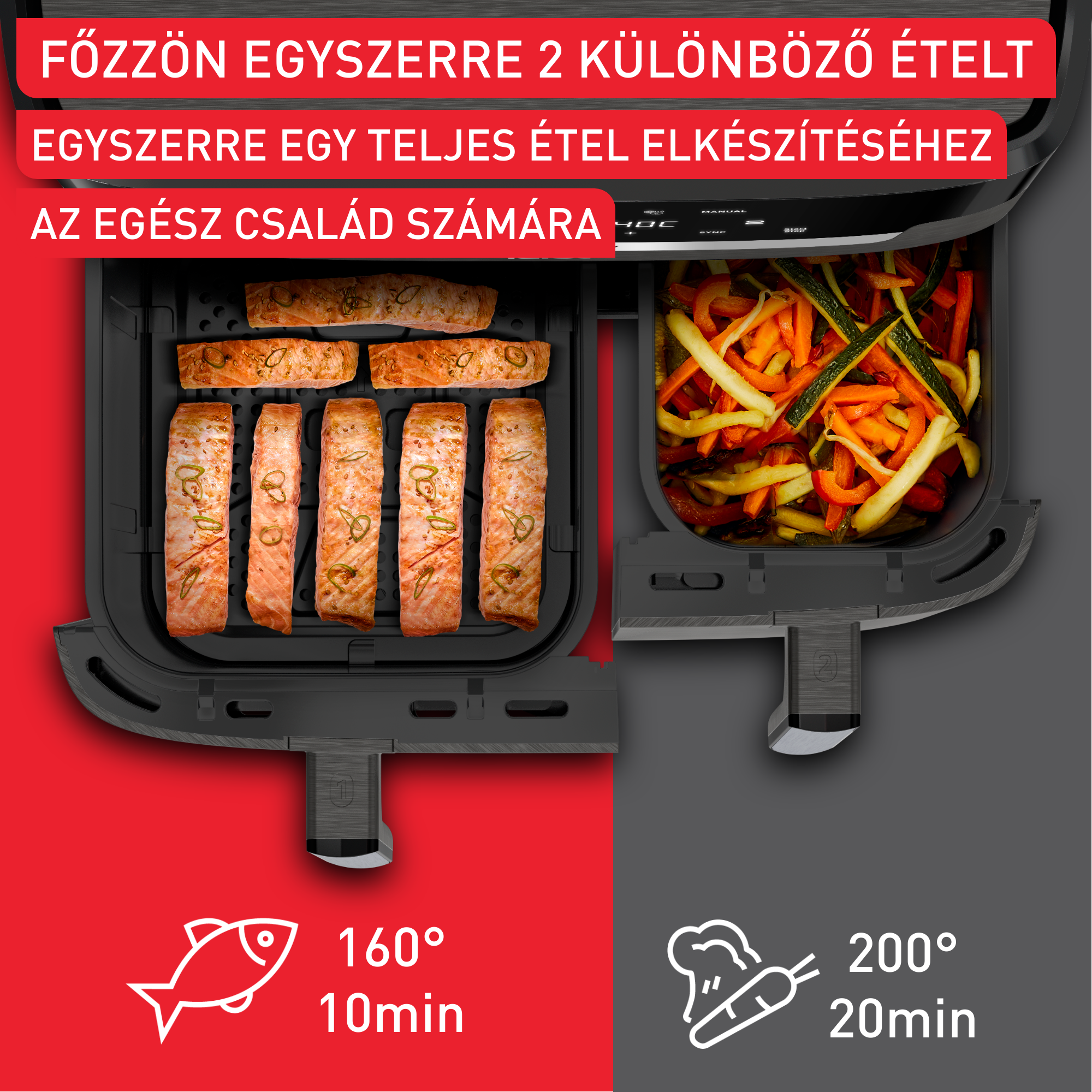 Kettős főzőzóna lazaccal és zöldségekkel, hőmérséklettel és idővel.