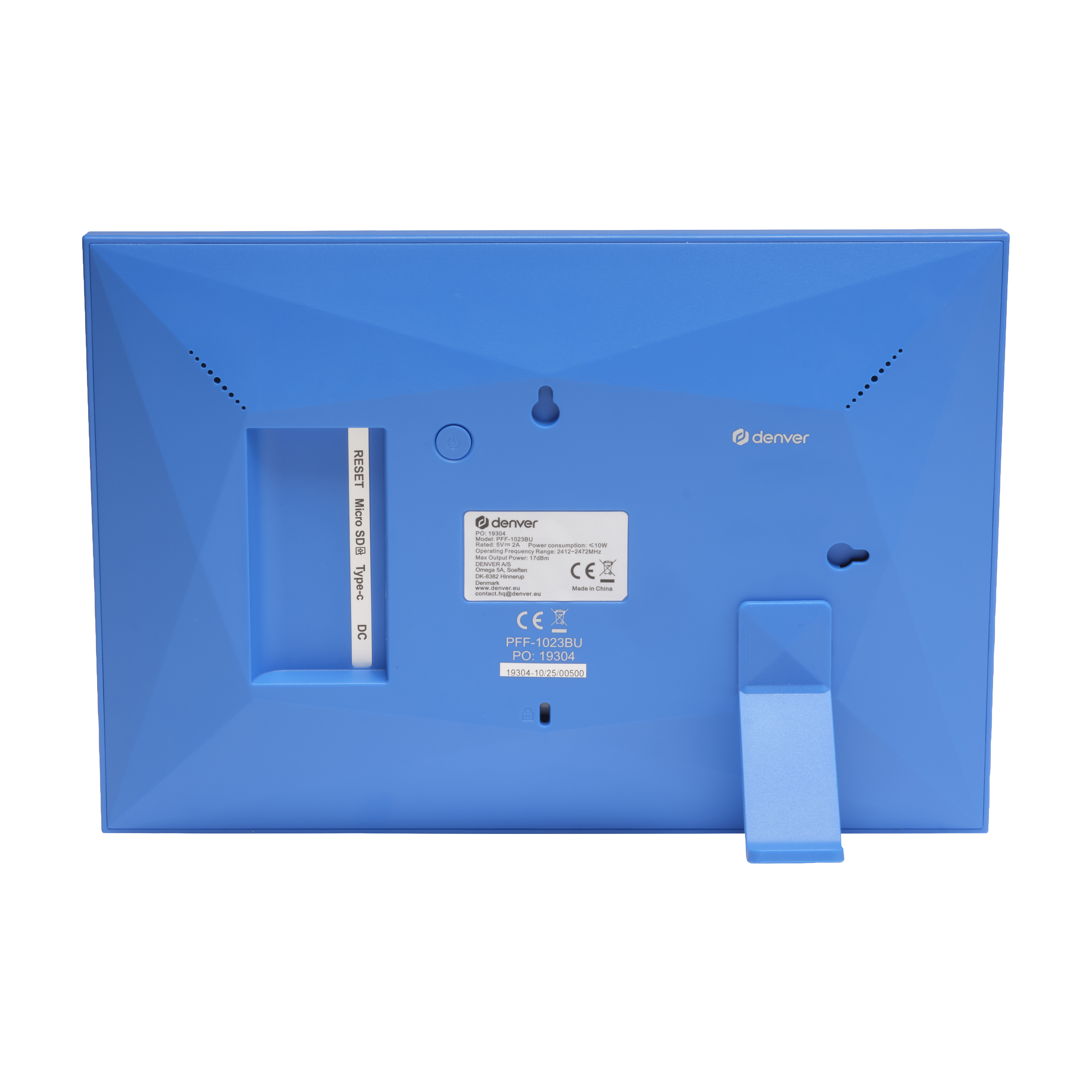 Rückseite eines blauen digitalen Fotorahmens mit Anschlüssen und Beschriftung.
