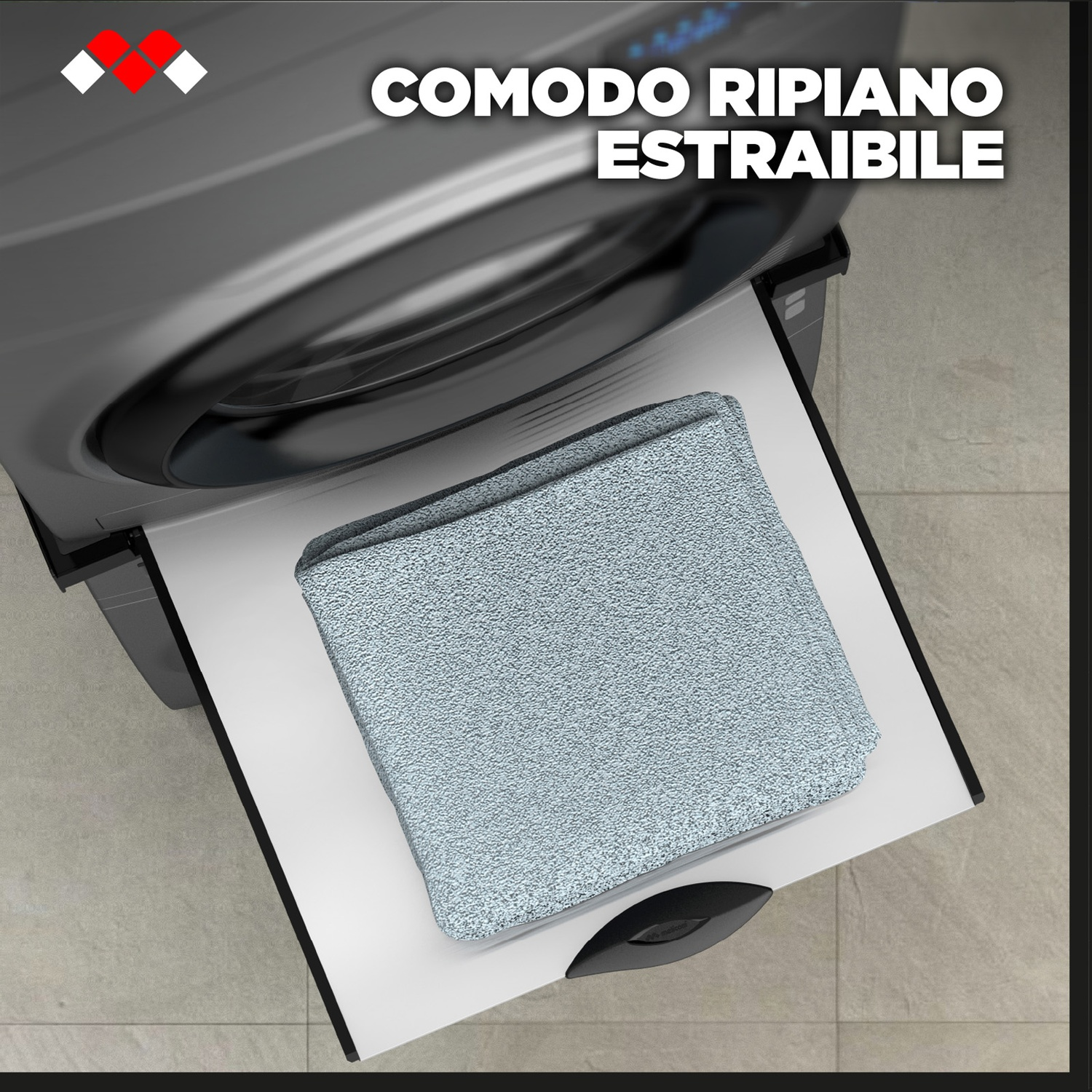 Una coperta azzurra poggia su un ripiano estraibile sotto una lavatrice.
