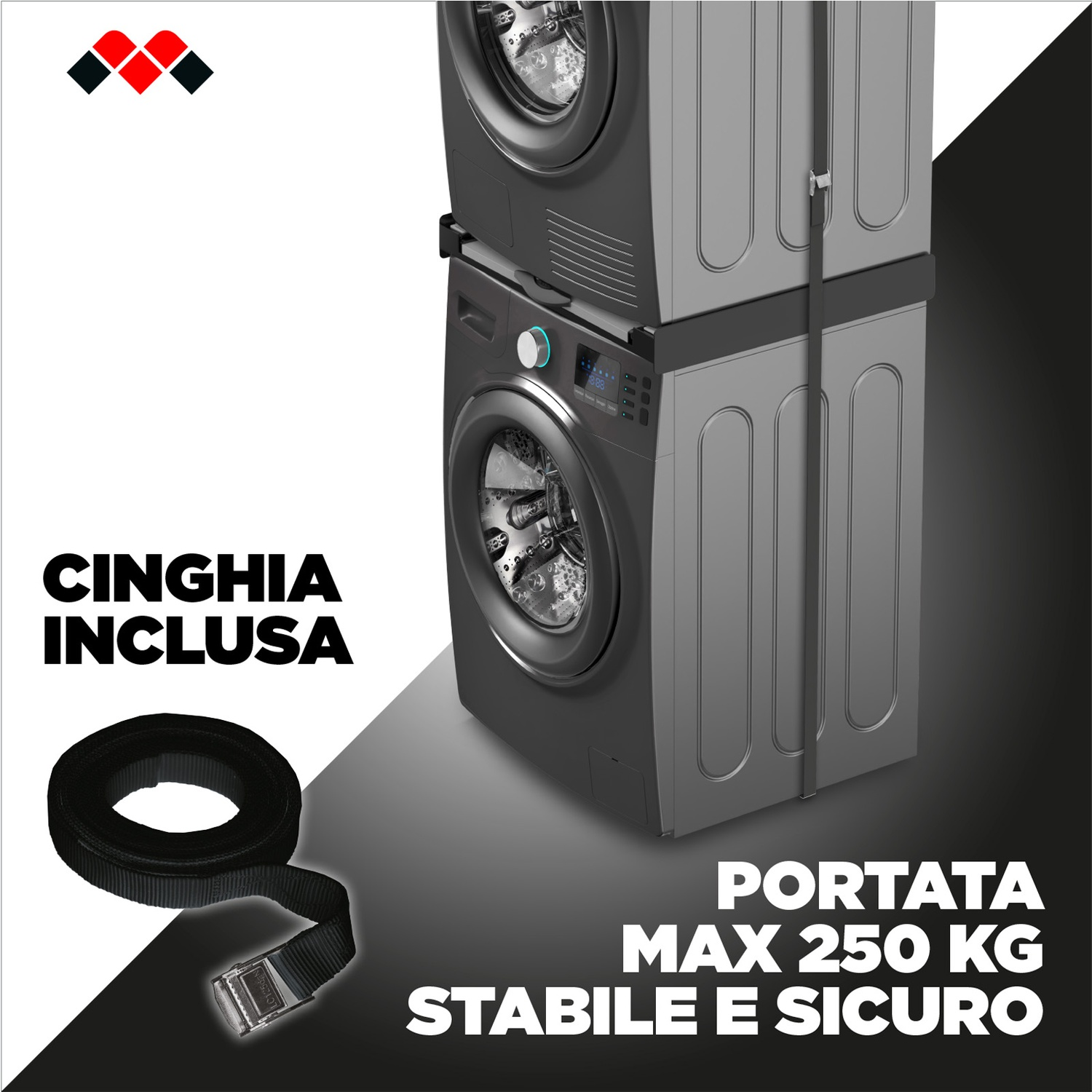 Lavatrice impilata con cinghia. Portata max 250 kg.