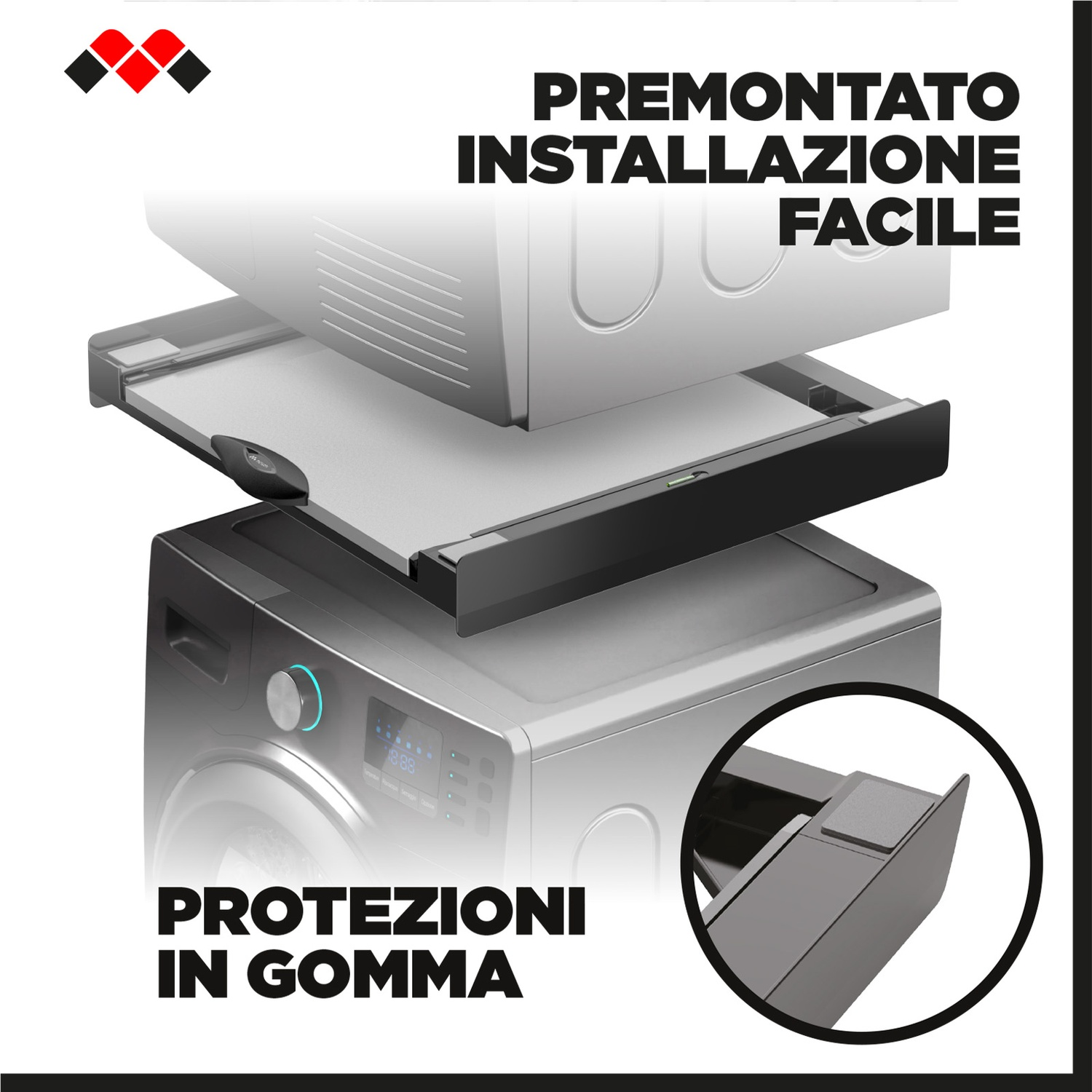 Viene mostrata una base estraibile per lavatrice con protezione in gomma.