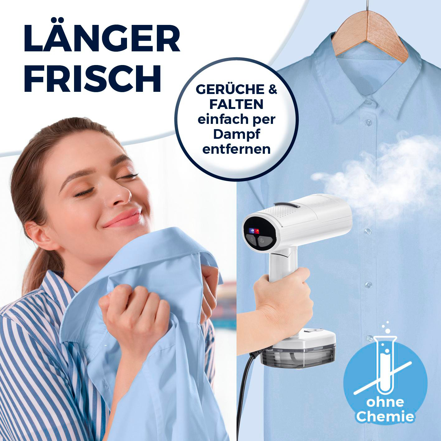 Frau riecht an blauem Hemd, Hand hält Dampfbügeleisen, ohne Chemie
