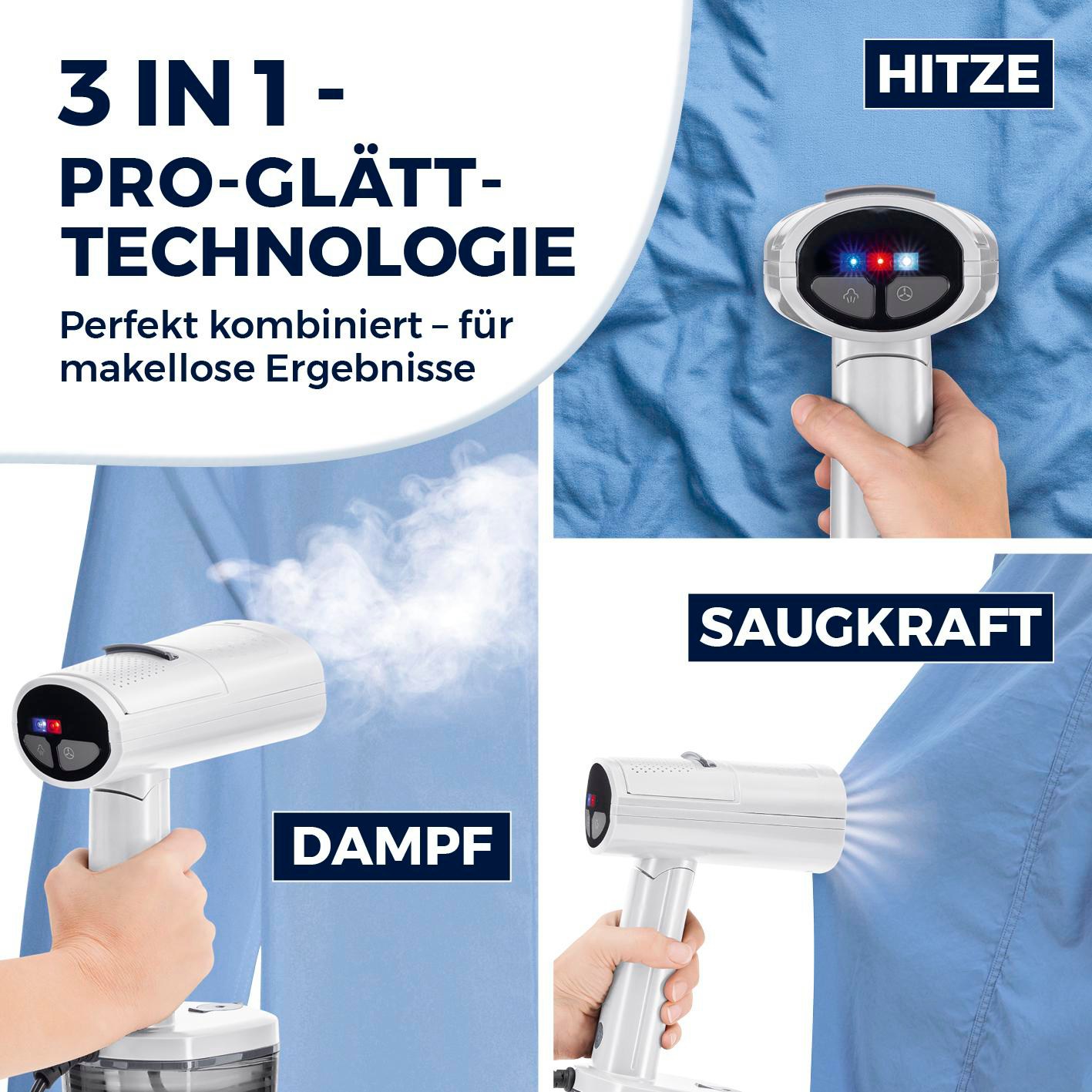 Collage eines weißen Handdampfreinigers mit Dampf-, Hitze- und Saugfunktionen.