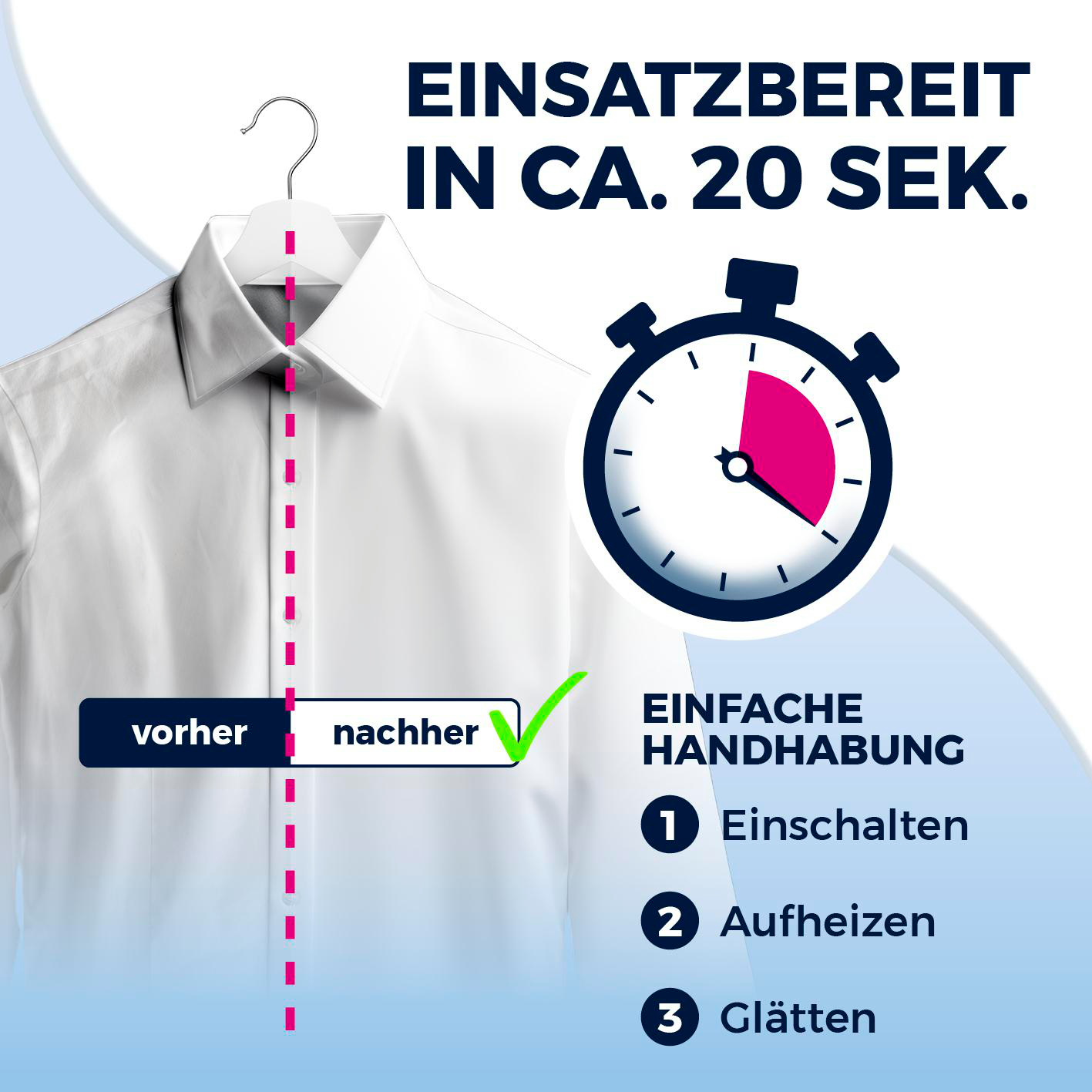 Ein Hemd hängt an einem Kleiderbügel, bereit in 20 Sek. mit Anleitung.
