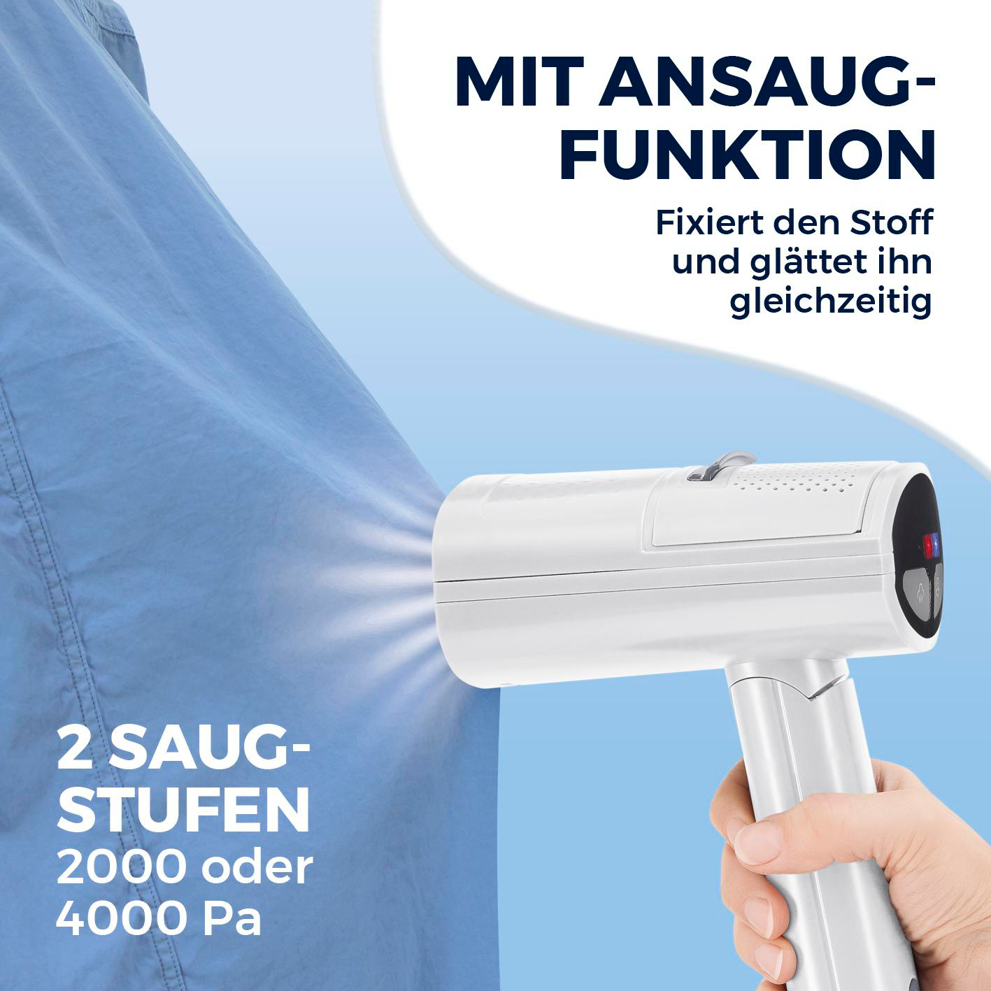 Ein weißes Handgerät mit Saugfunktion glättet einen blauen Stoff. 2 Saugstufen.