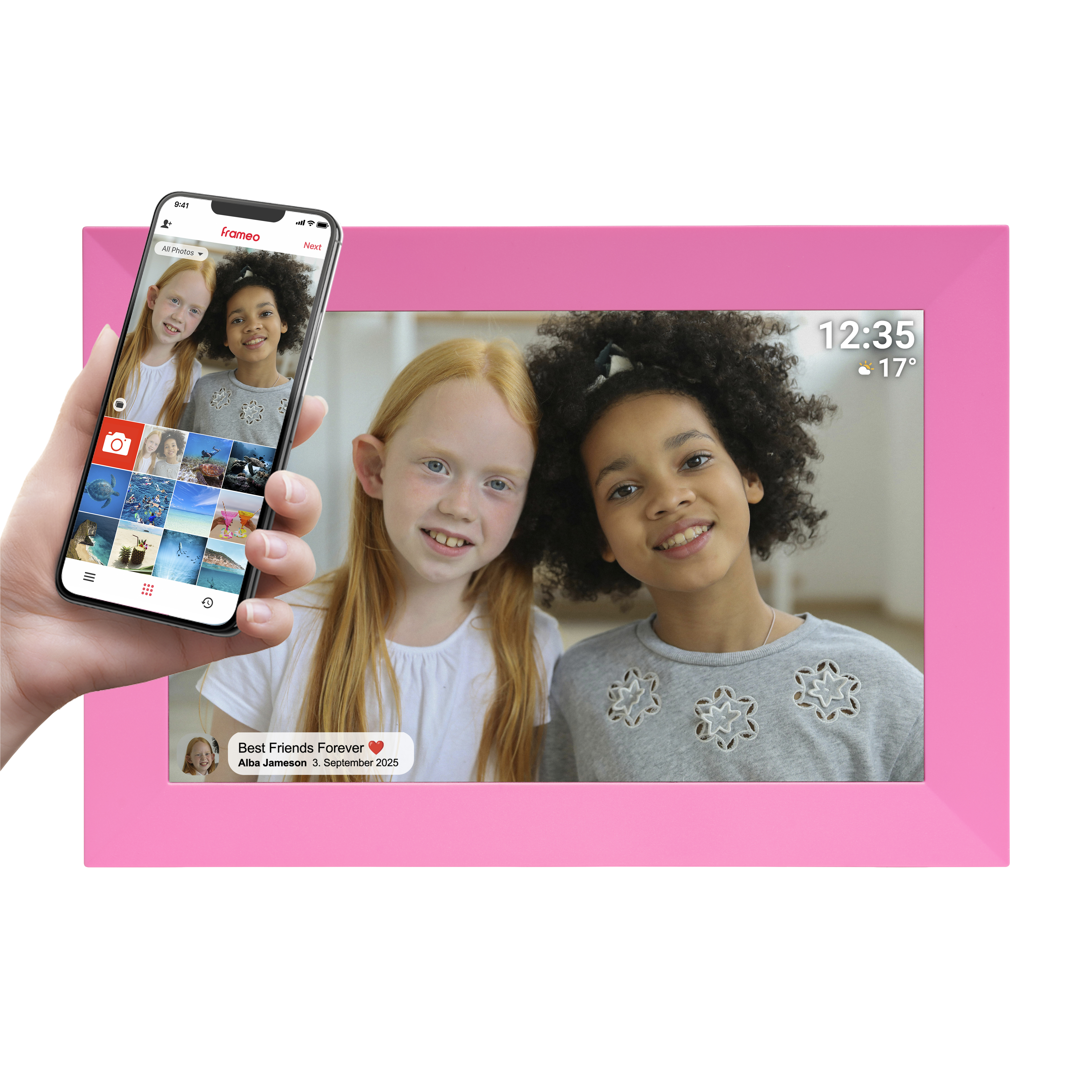 Ein Handy zeigt zwei lächelnde Mädchen. Ein digitaler Fotorahmen zeigt ein Foto von ihnen.
