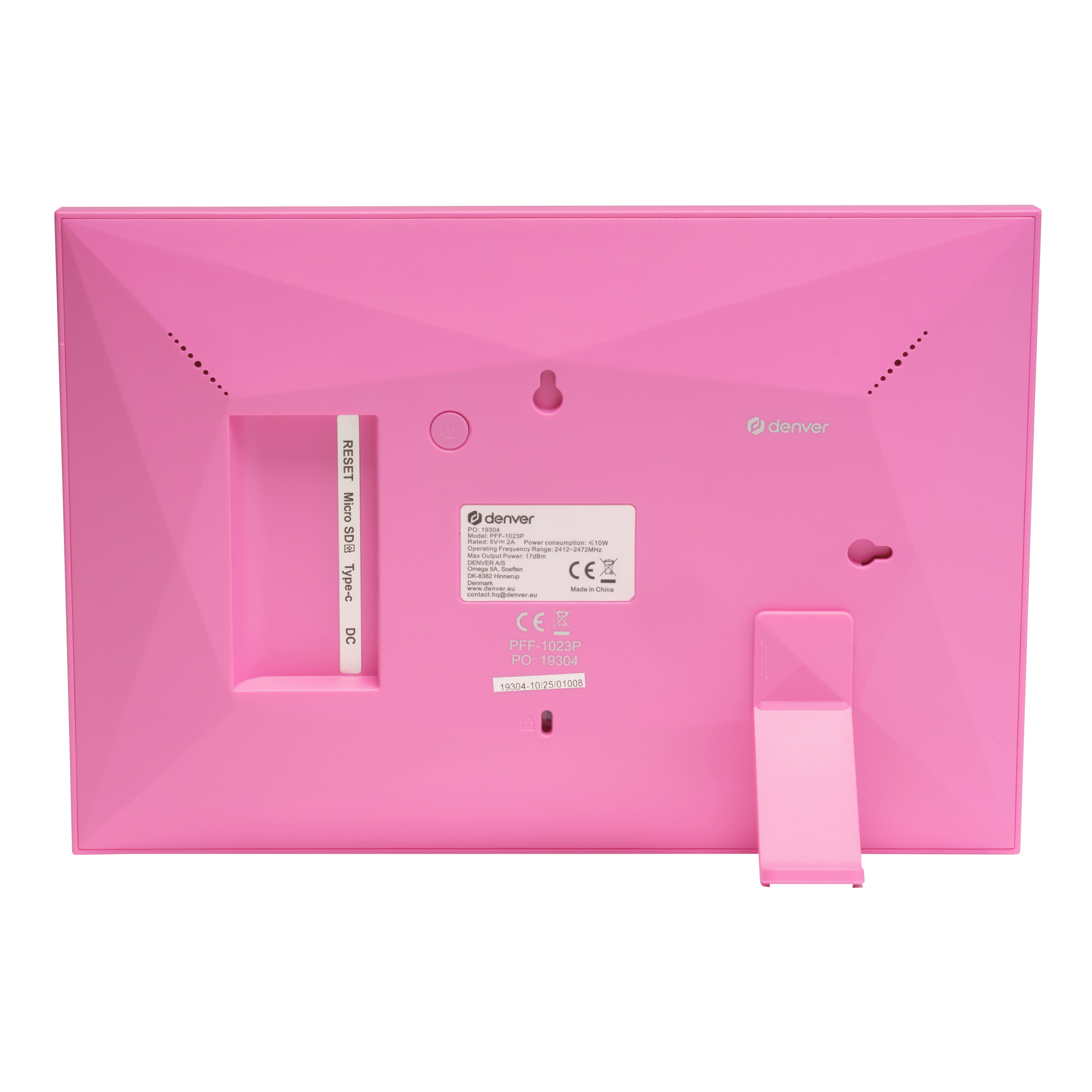 Rückseite eines rosa digitalen Fotorahmens mit Anschlüssen und Informationen.