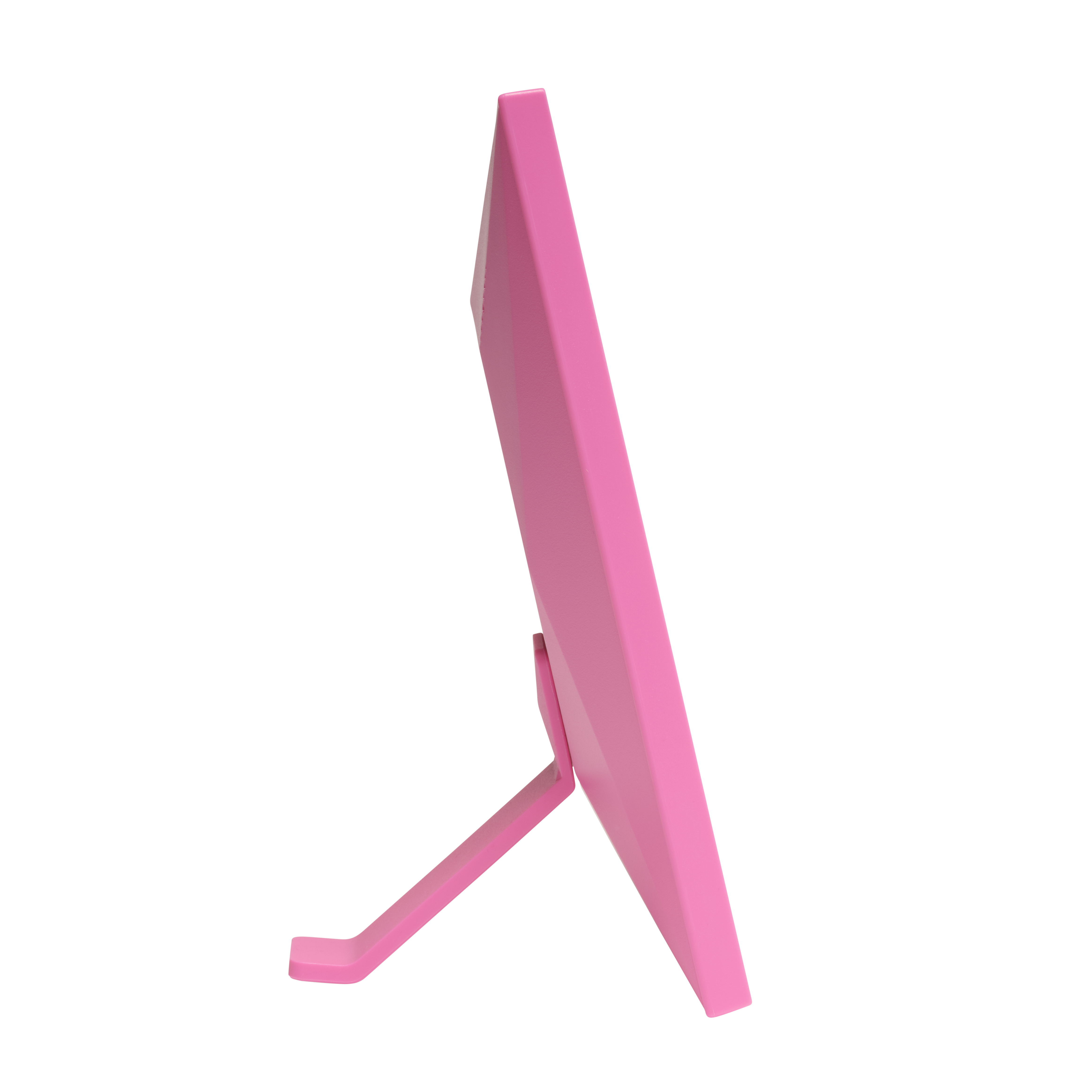 Ein pinker digitaler Bilderrahmen mit Ständer, von der Seite gesehen.