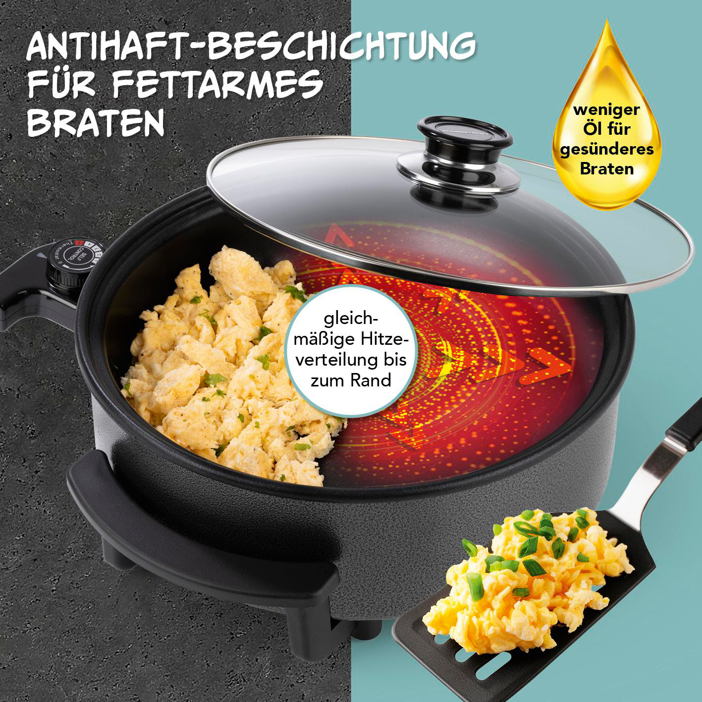 Eine Pfanne mit Rührei, die gleichmäßige Hitze für fettarmes Braten anzeigt.