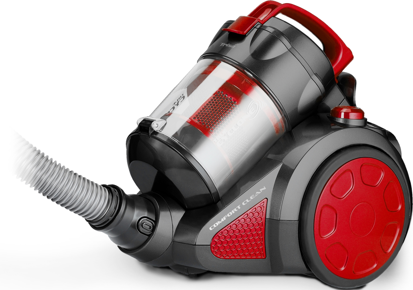 Aspirapolvere grigio e rosso con tubo e contenitore polvere visibile.