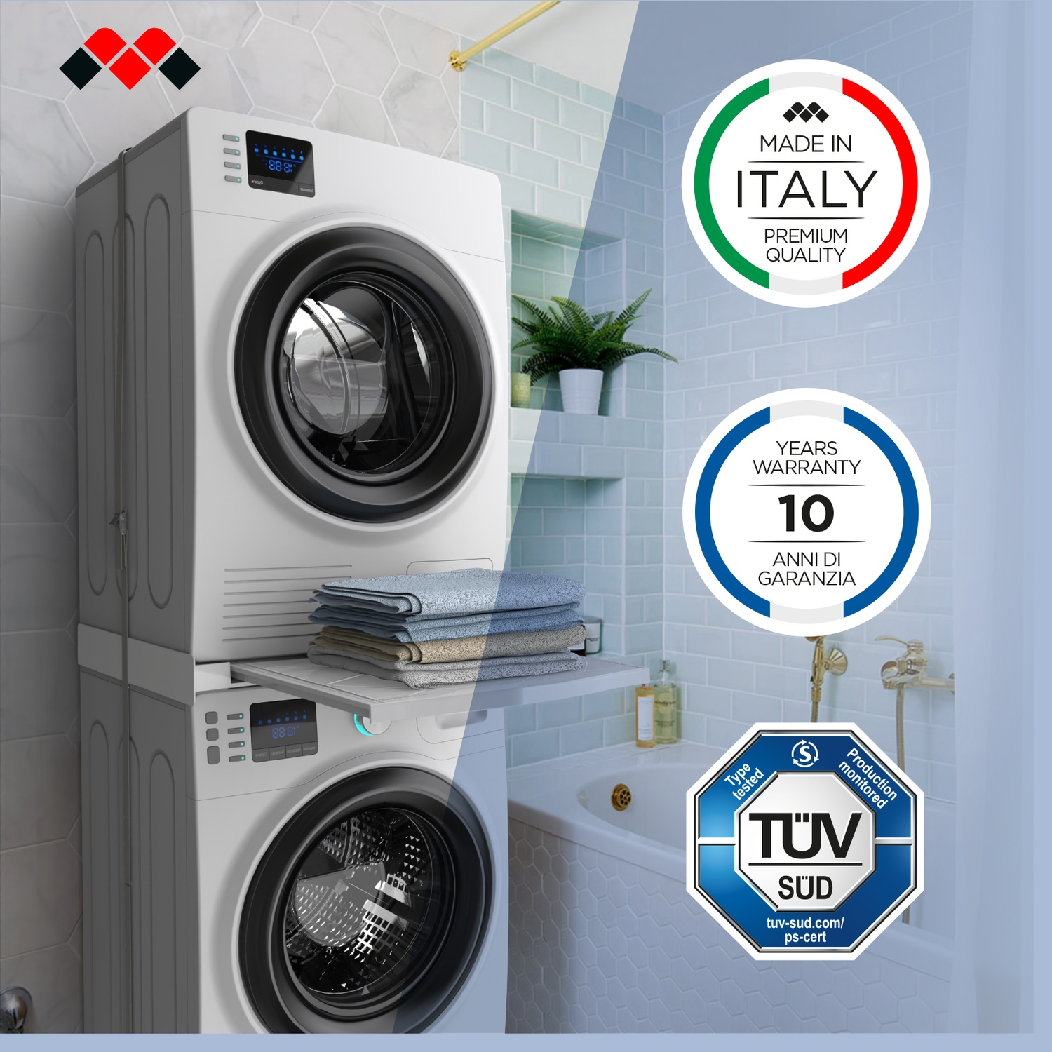 Una pila bianca di lavatrice e asciugatrice in un bagno con adesivi di certificazione.