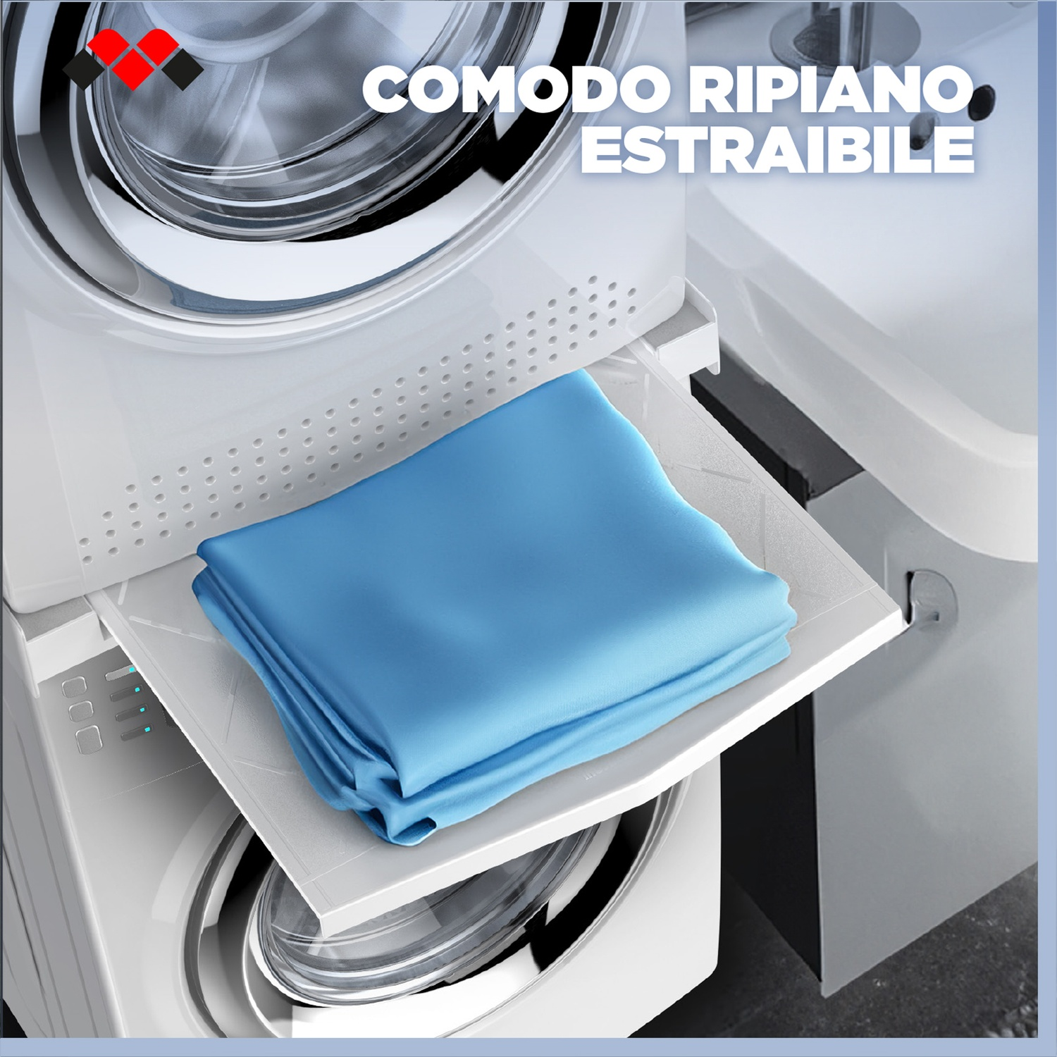 Un ripiano estraibile con biancheria blu, sopra una lavatrice.