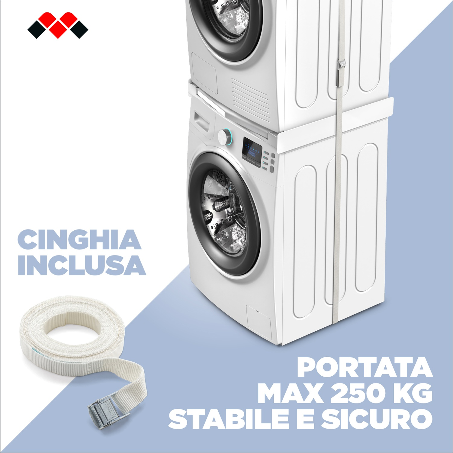 Lavatrice bianca impilata con asciugatrice, cinghia bianca con fibbia.