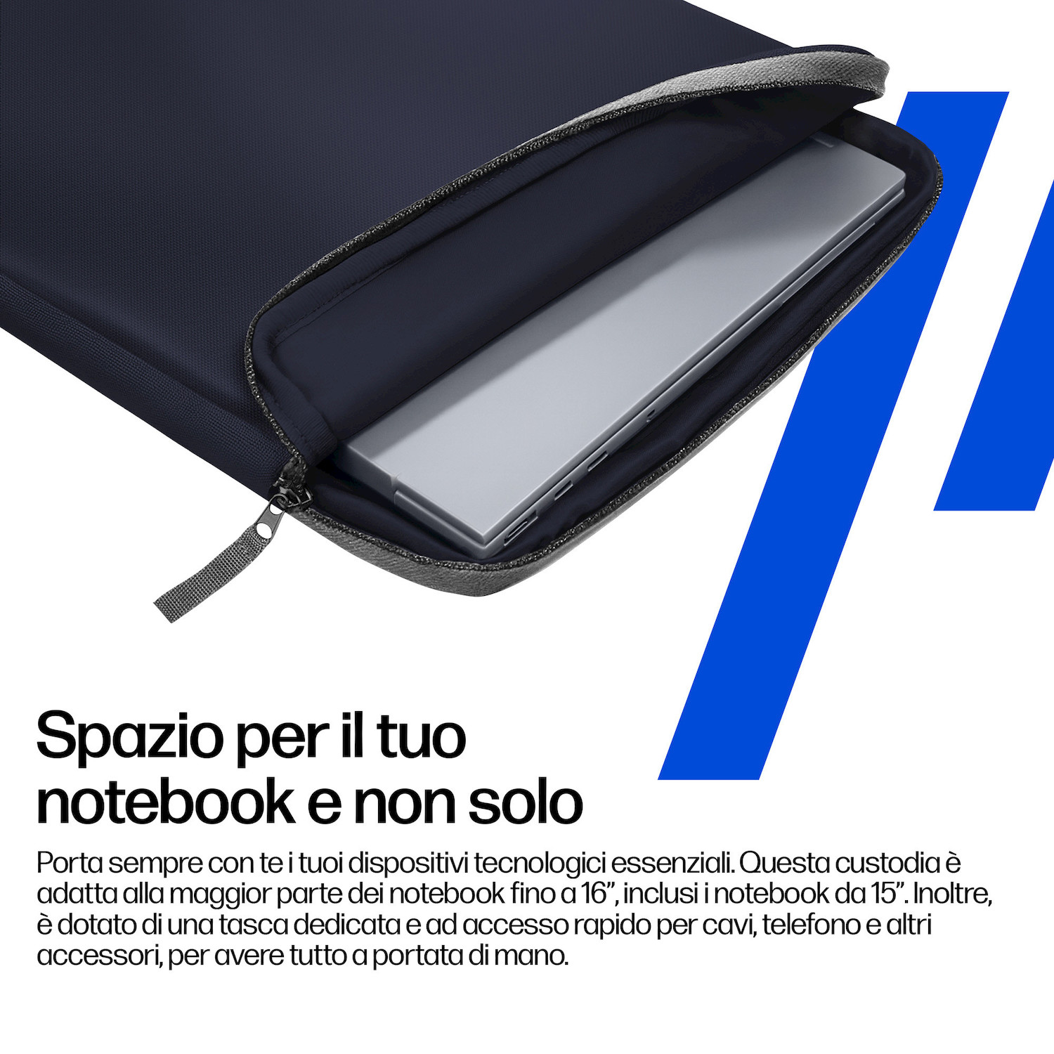 Custodia blu scuro per laptop con cerniera, che contiene un laptop argentato.