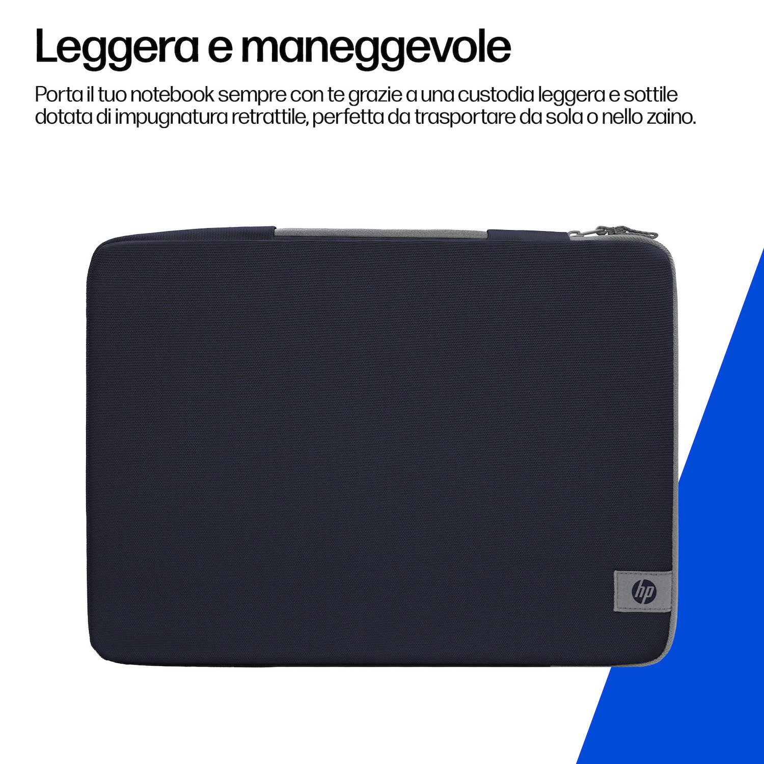 Custodia blu scuro per laptop con logo HP, leggera e portatile.