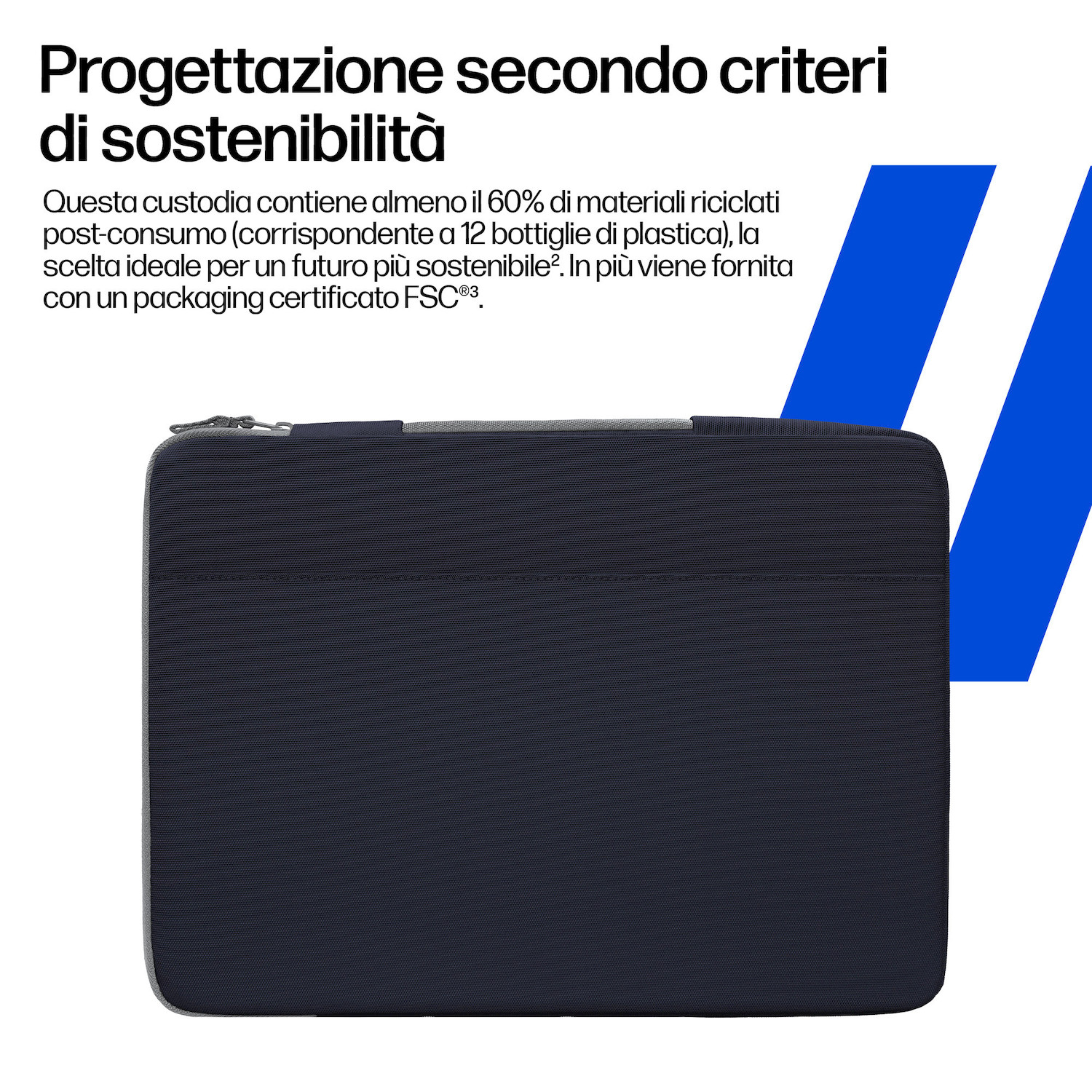 Custodia blu scuro con testo bianco e strisce blu. Testo relativo alla sostenibilità.