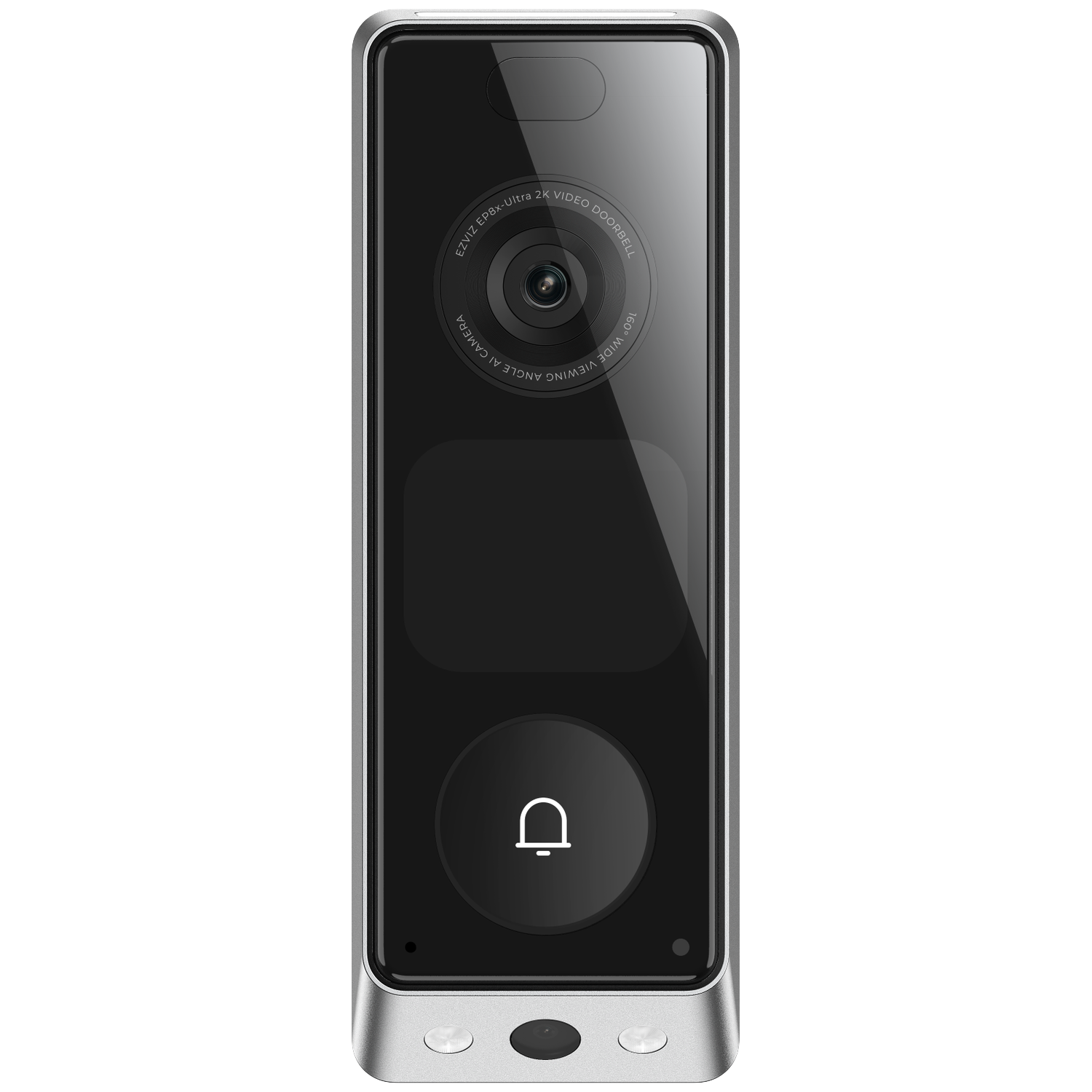 A silver smart doorbell with a camera and a bell icon.
