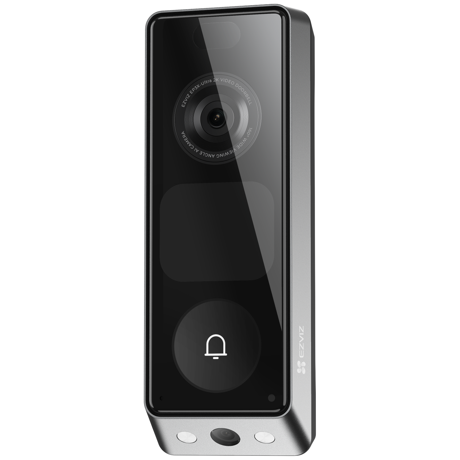 A sleek, silver video doorbell device with a camera and a bell icon.