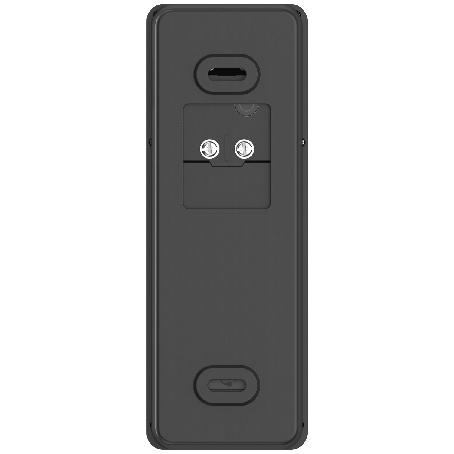 Back of a black device with USB-C port and two screws.