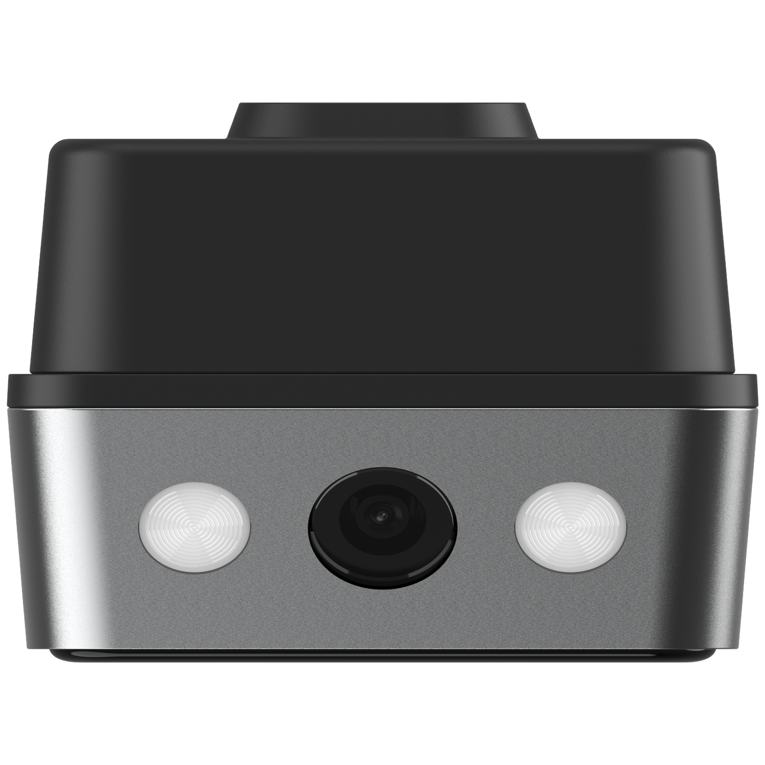 Camera with black top, grey front featuring a lens and two buttons.