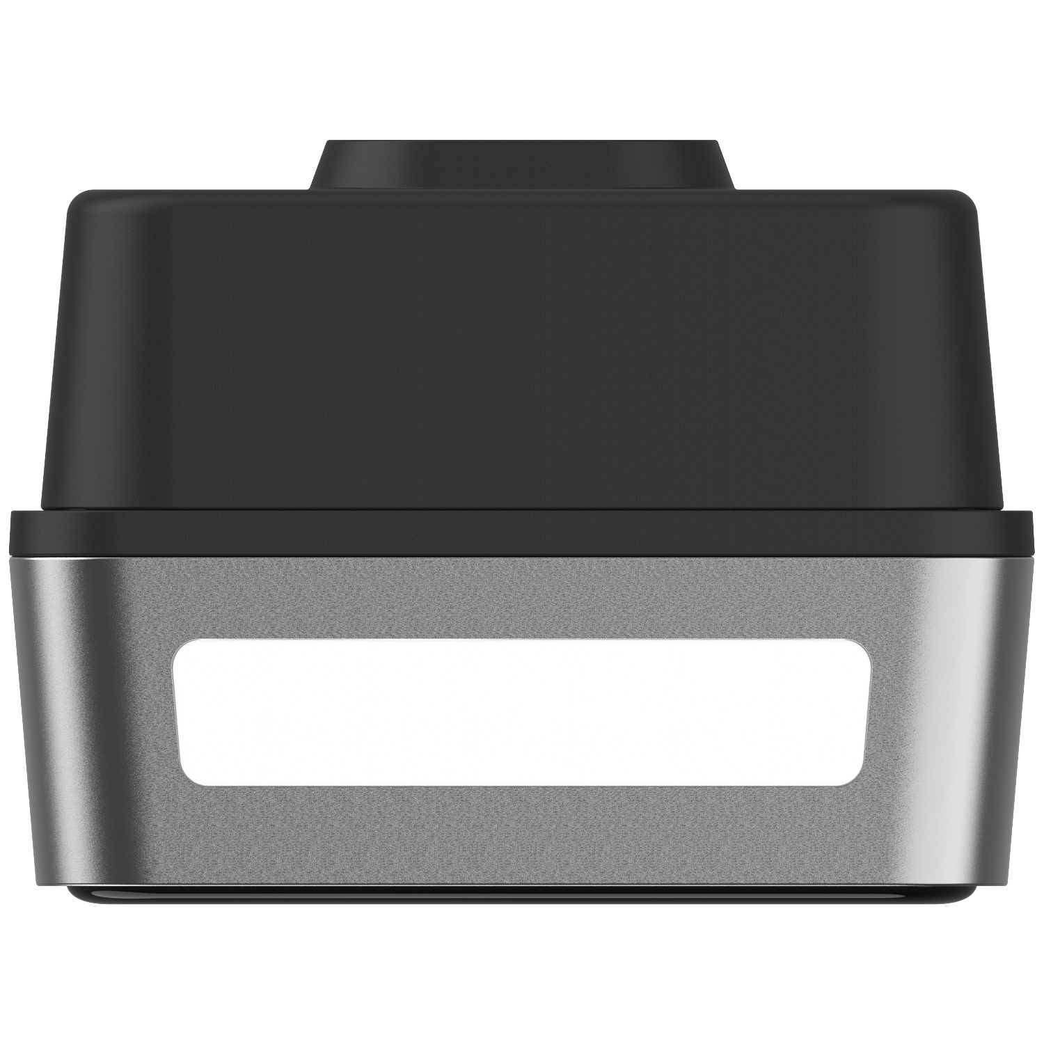 A black and silver rectangular object with a white slot.