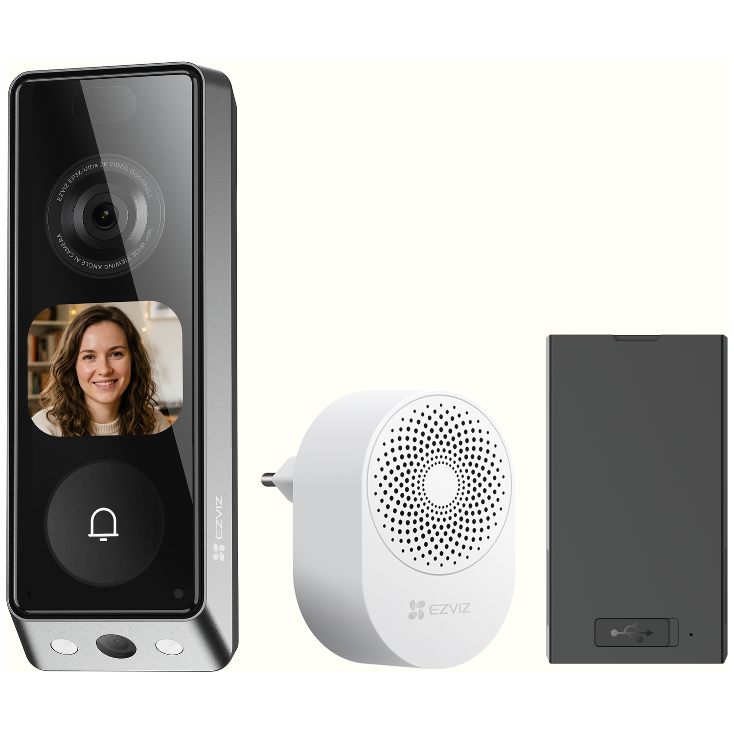A silver video doorbell, a white chime, and a black power adapter on a white background.