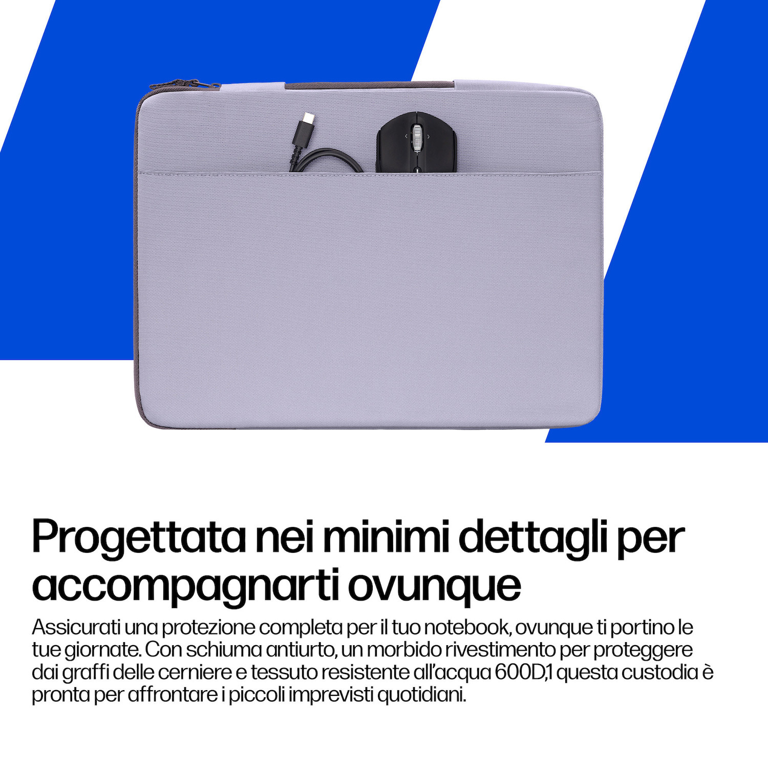 Custodia grigia per laptop con mouse e cavo in una tasca.