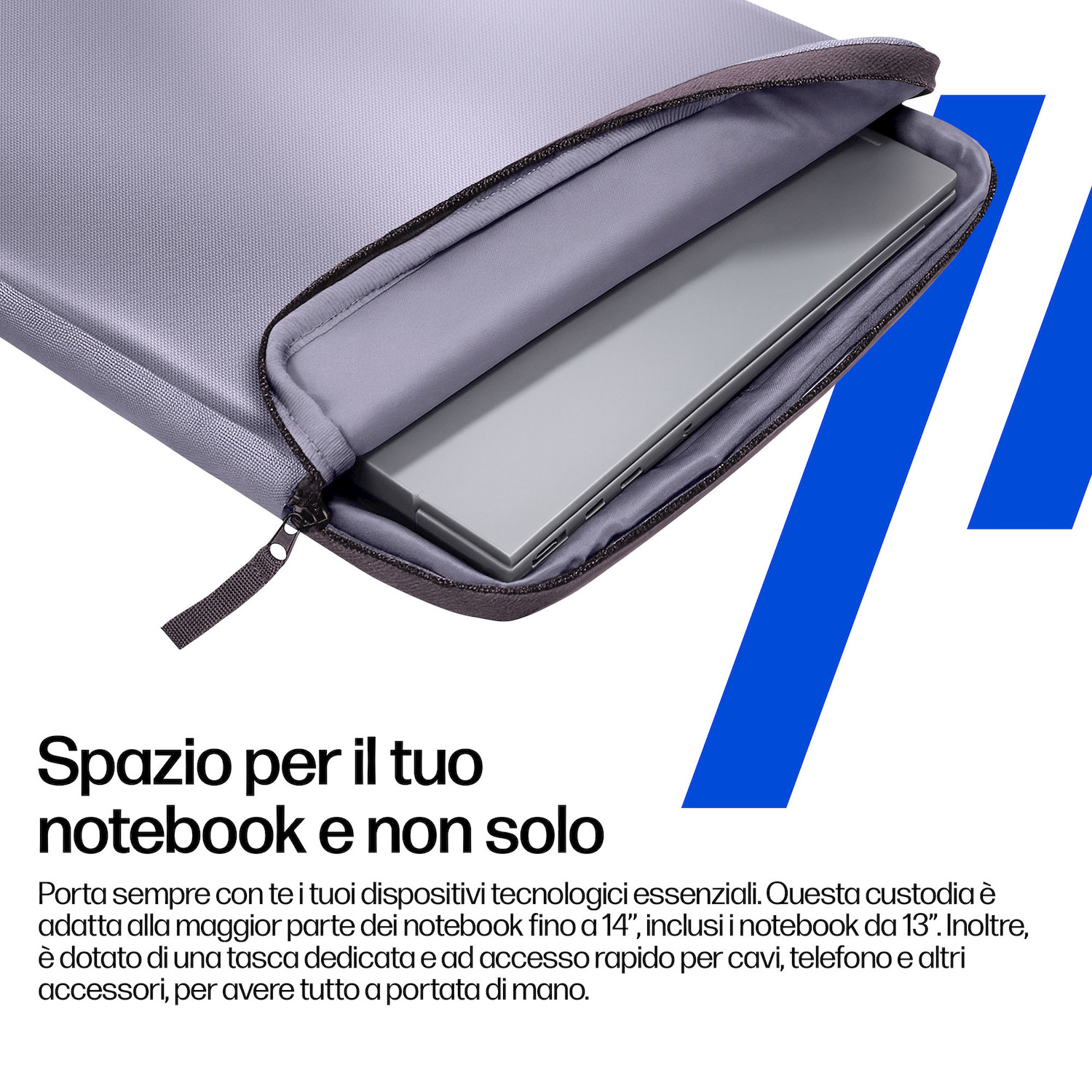 Custodia grigia per laptop con cerniera, mostra un laptop.