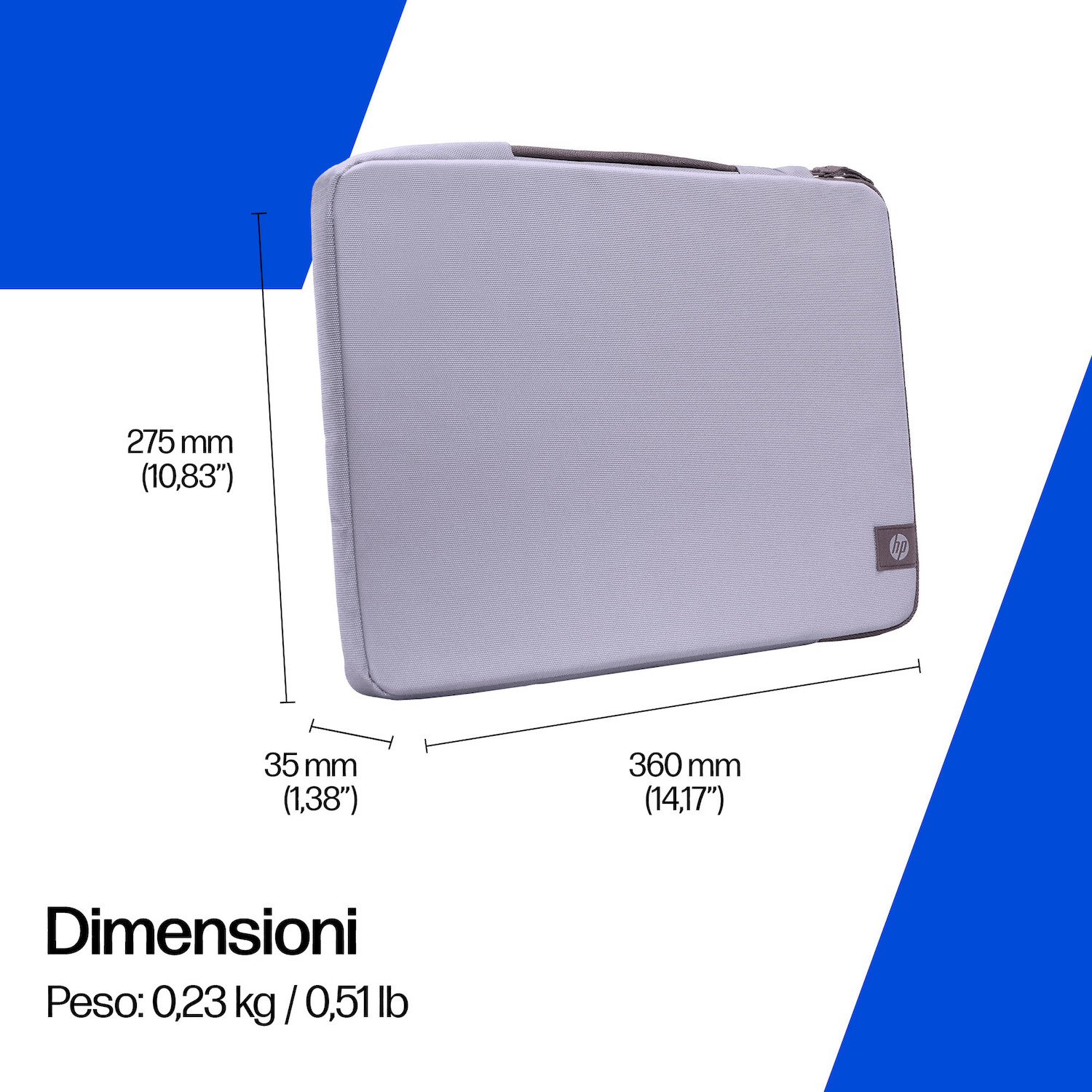 Custodia grigia per laptop HP, dimensioni 360x275x35 mm, peso 0,23 kg.