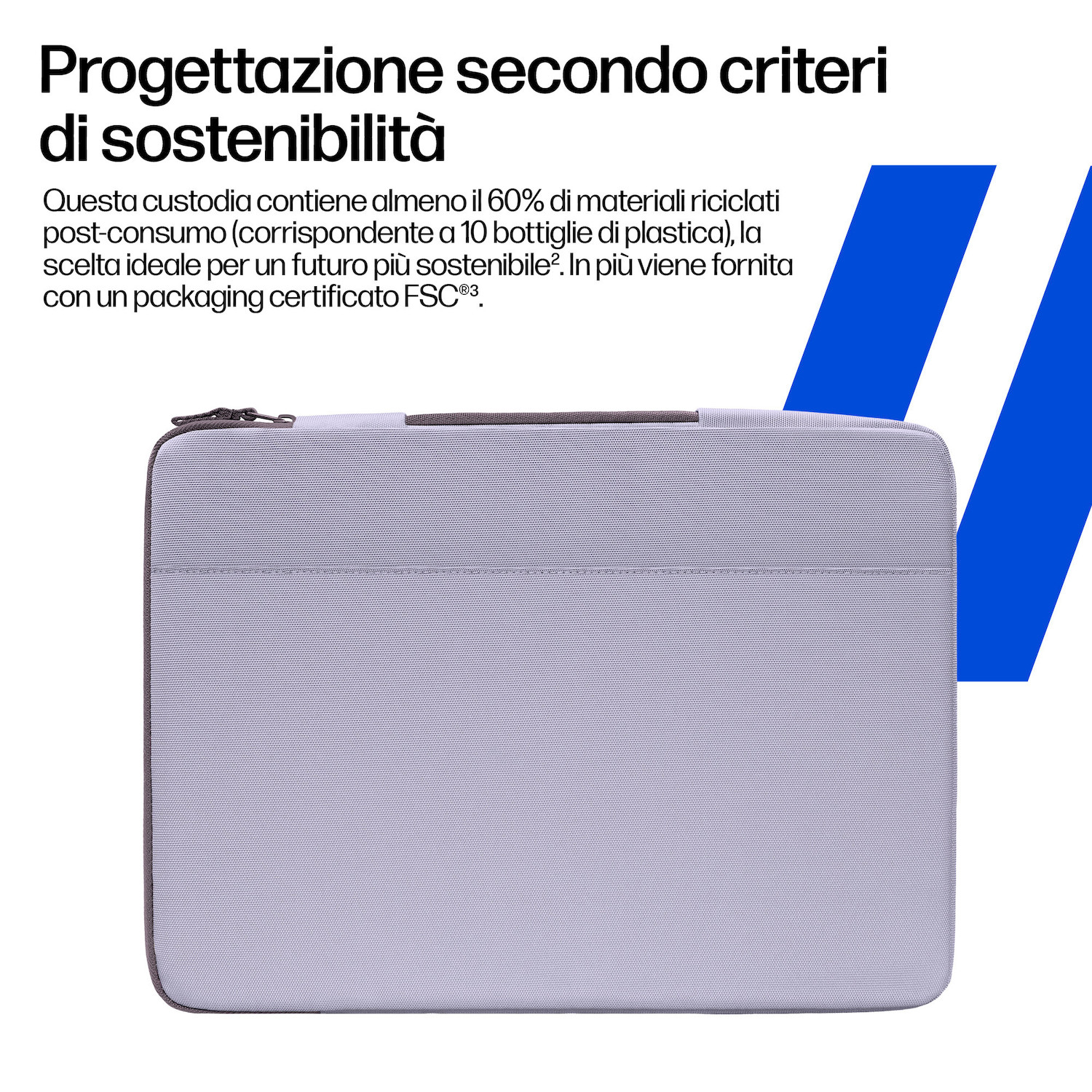 Custodia grigia per laptop con accenti blu e testo sulla sostenibilità.
